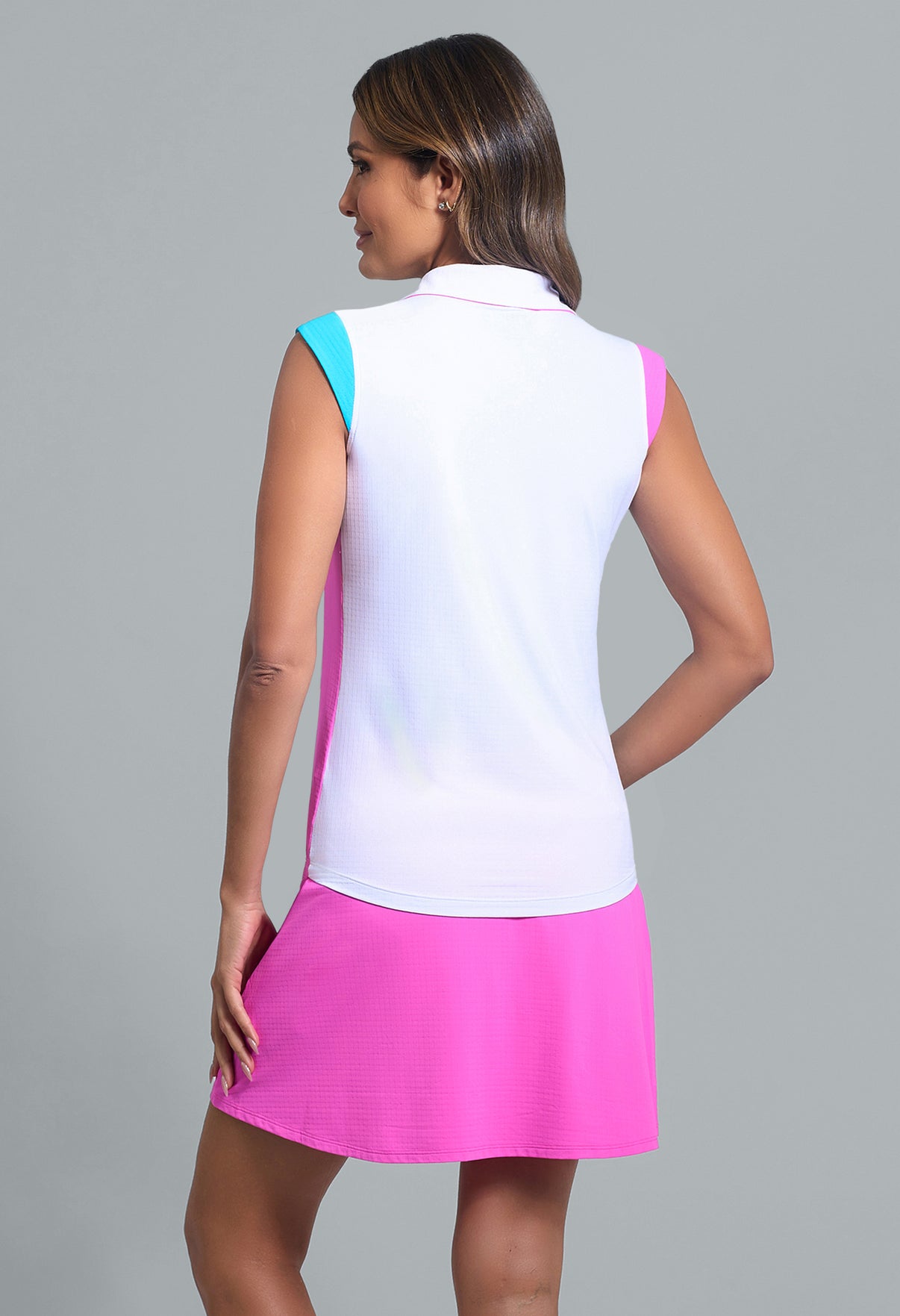 IBKÜL - Color Block Print Sleeveless Polo - Color: Hot Pink/Turquoise