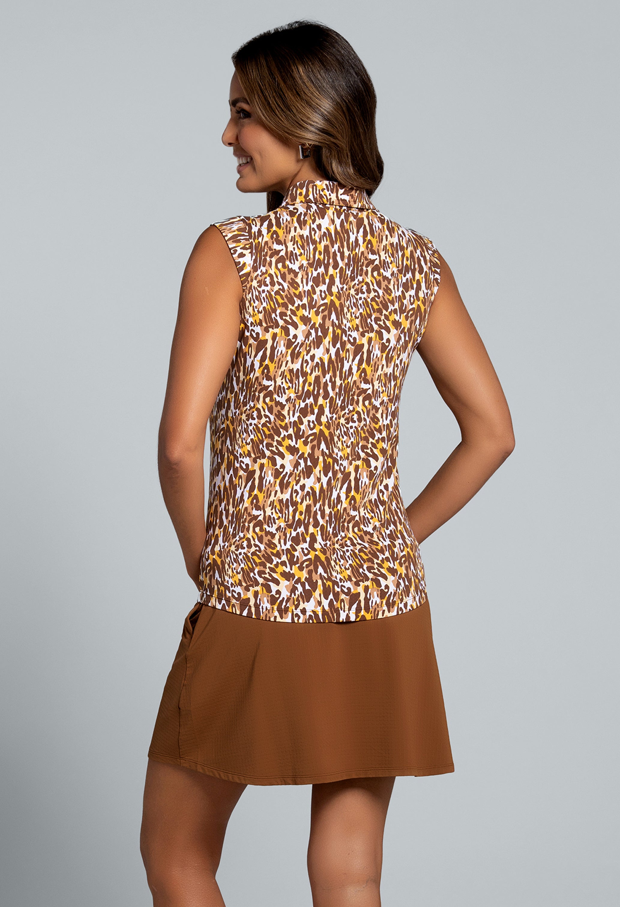 IBKÜL - Karen Print Sleeveless Polo - Color: Brown/Tan