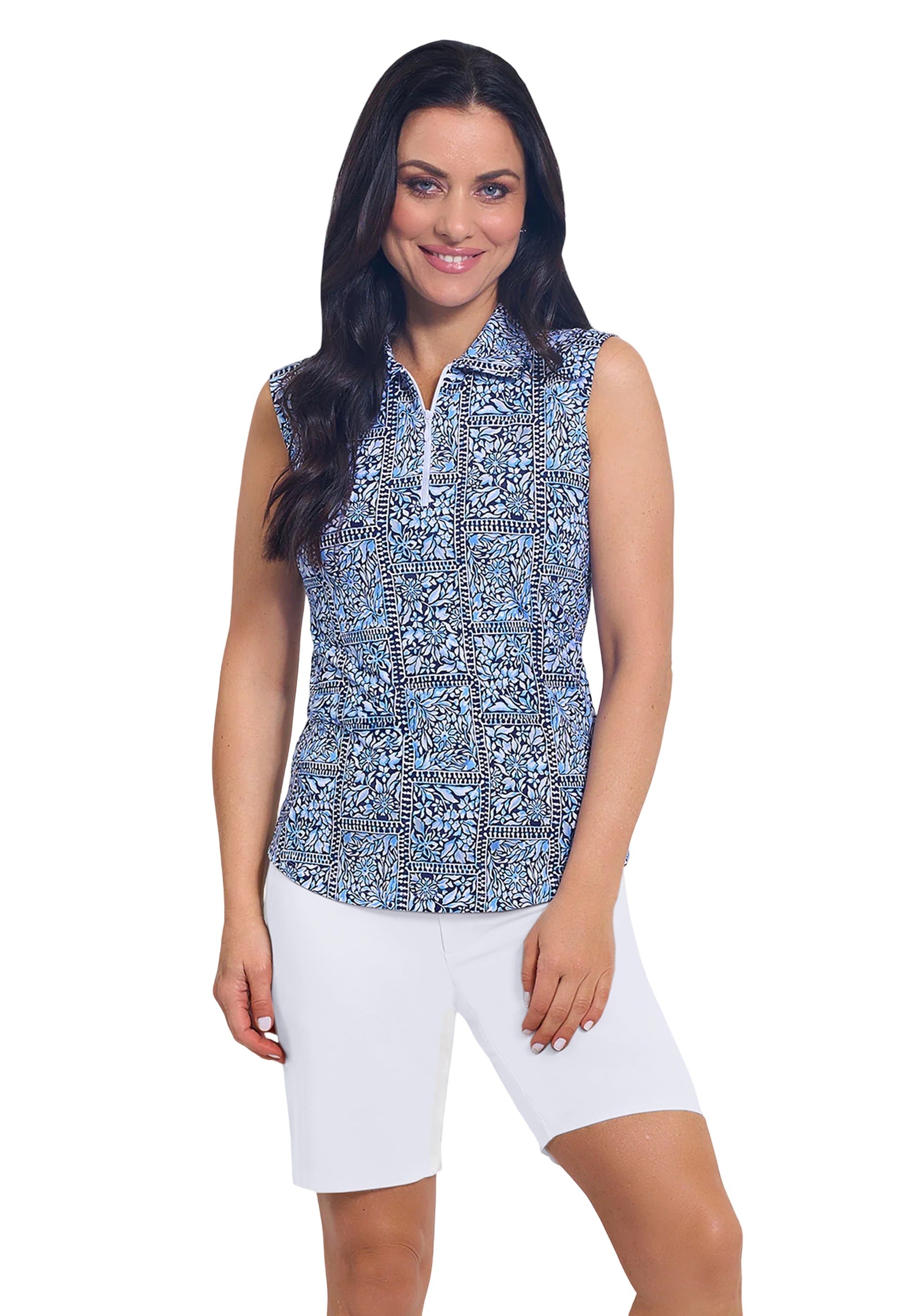 IBKÜL - Josie Print Sleeveless Polo - Color: Navy/Peri