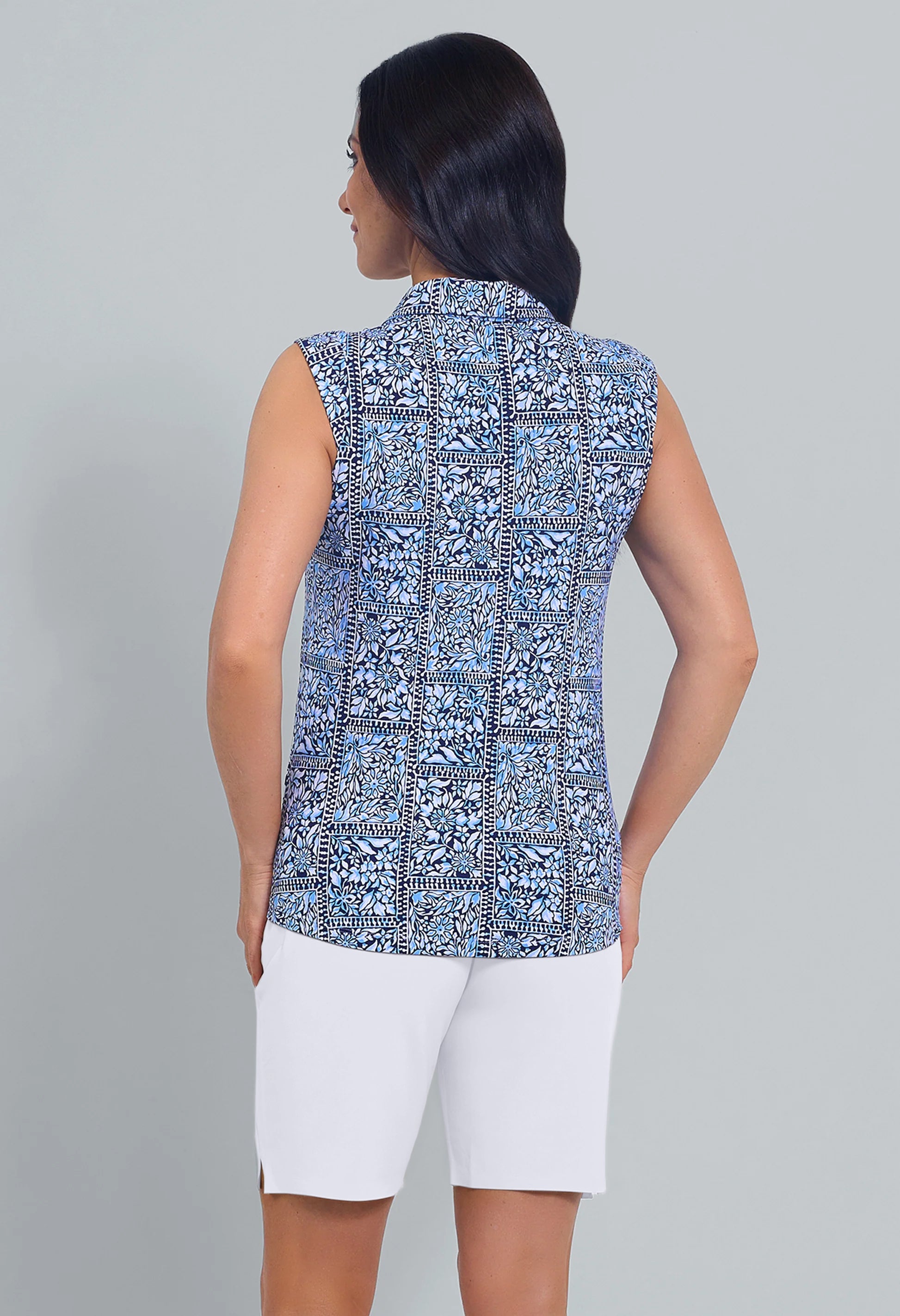IBKÜL - Josie Print Sleeveless Polo - Color: Navy/Peri