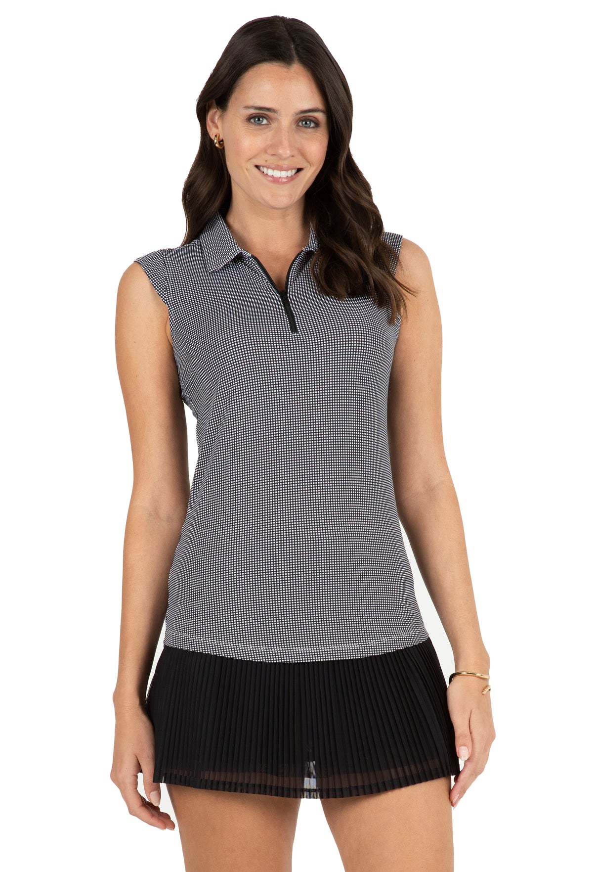 IBKÜL - Mini Check Print Sleeveless Polo – 14754 - Color: Black/White