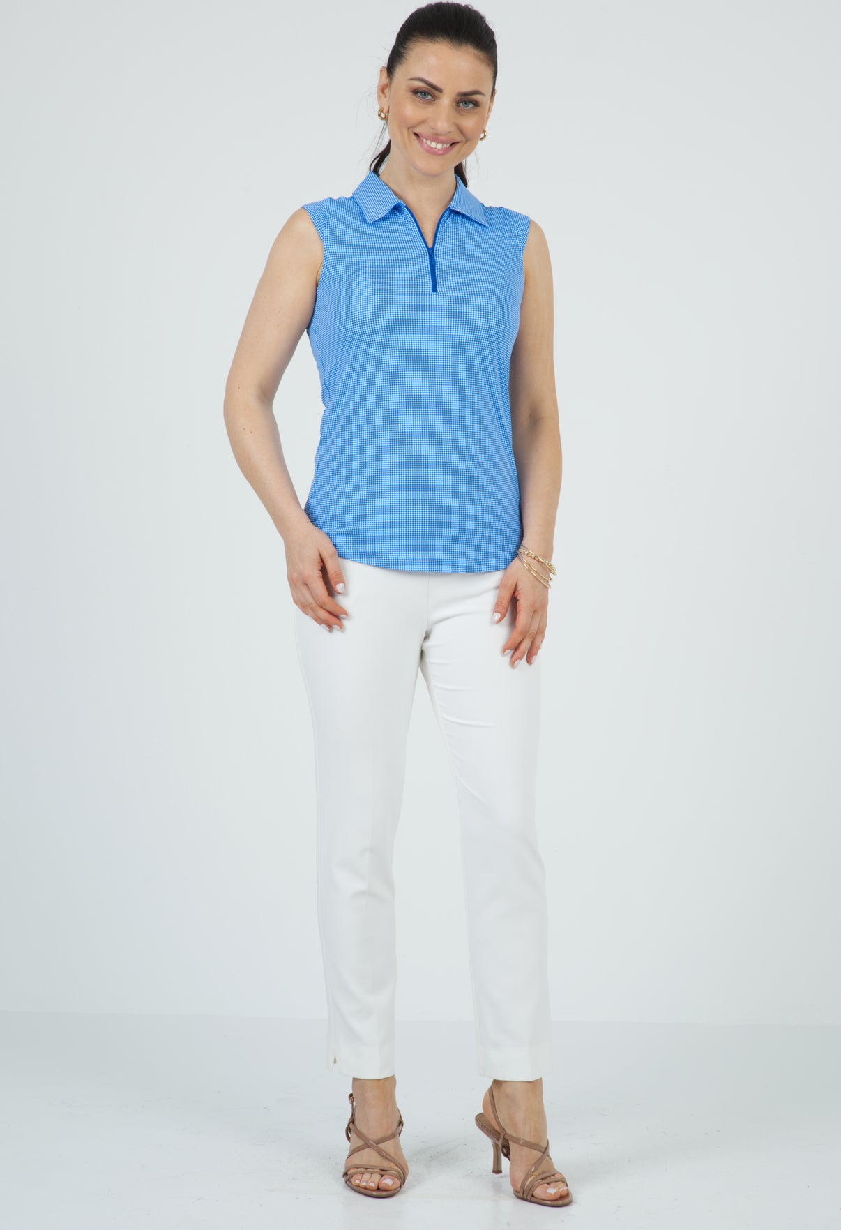 IBKÜL - Mini Check Print Sleeveless Polo – 14754 - Color: Blue/White