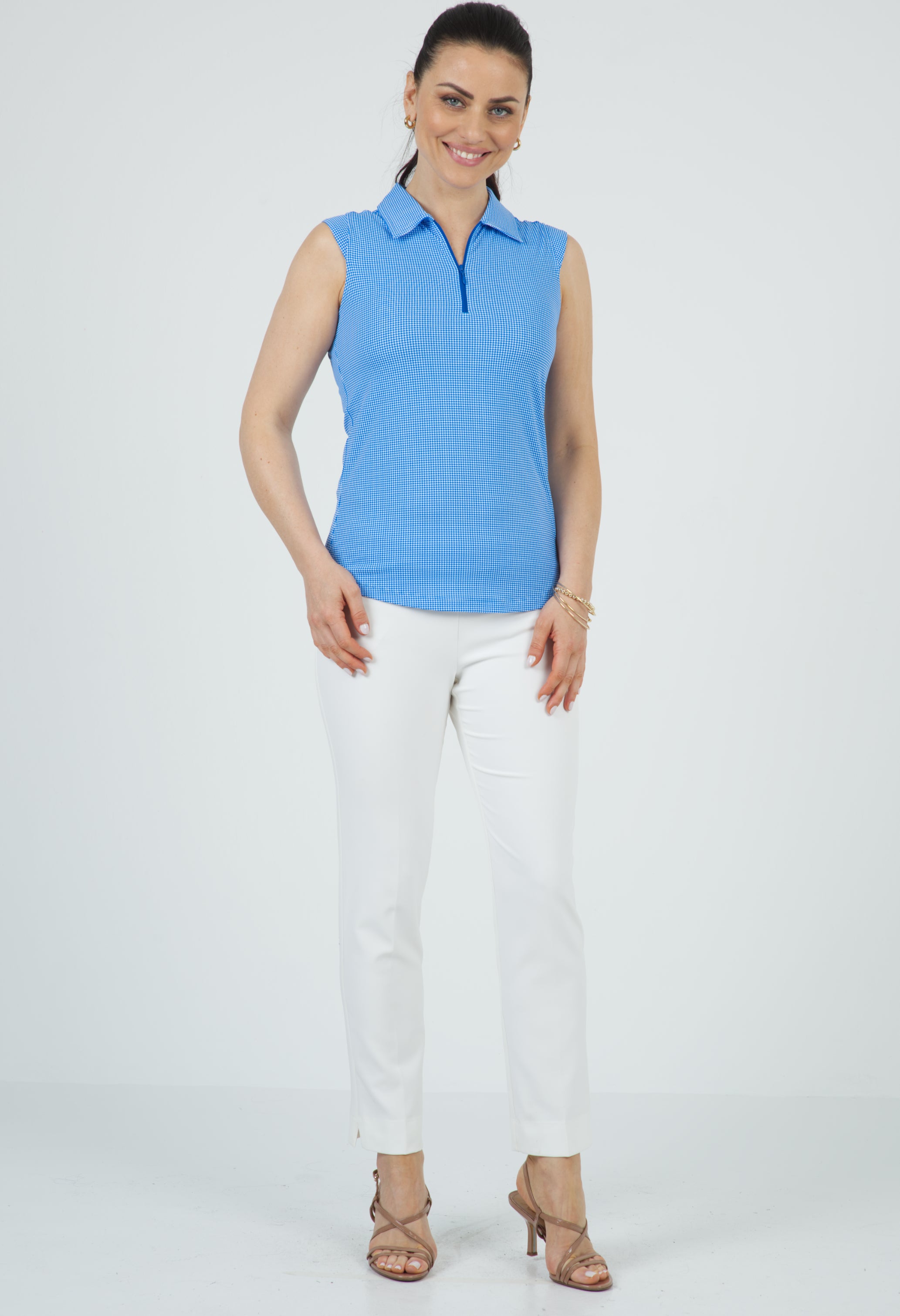 IBKÜL - Mini Check Print Sleeveless Polo – 14754 - Color: Blue/White
