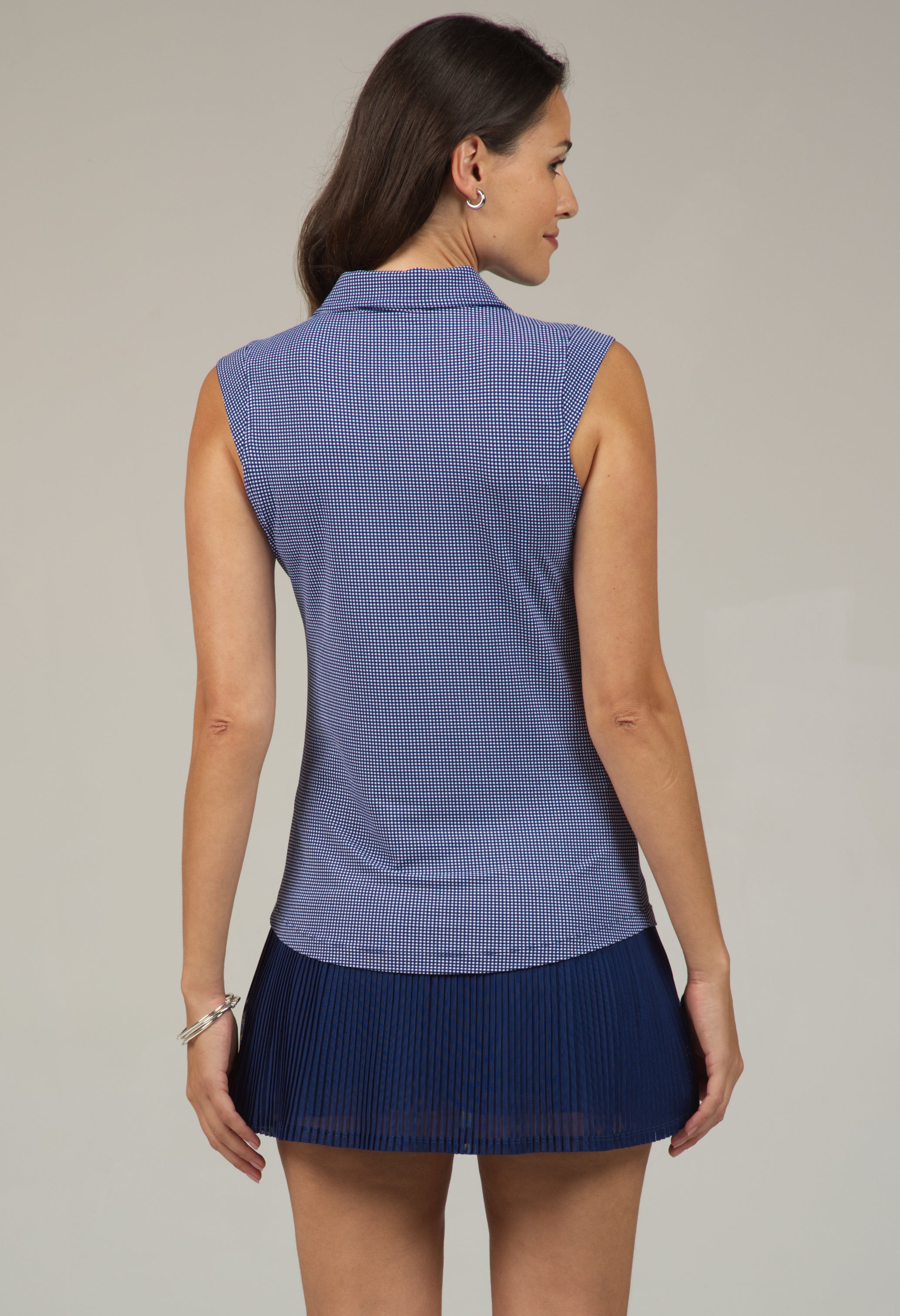 IBKÜL - Mini Check Print Sleeveless Polo – 14754 - Color: Navy/White