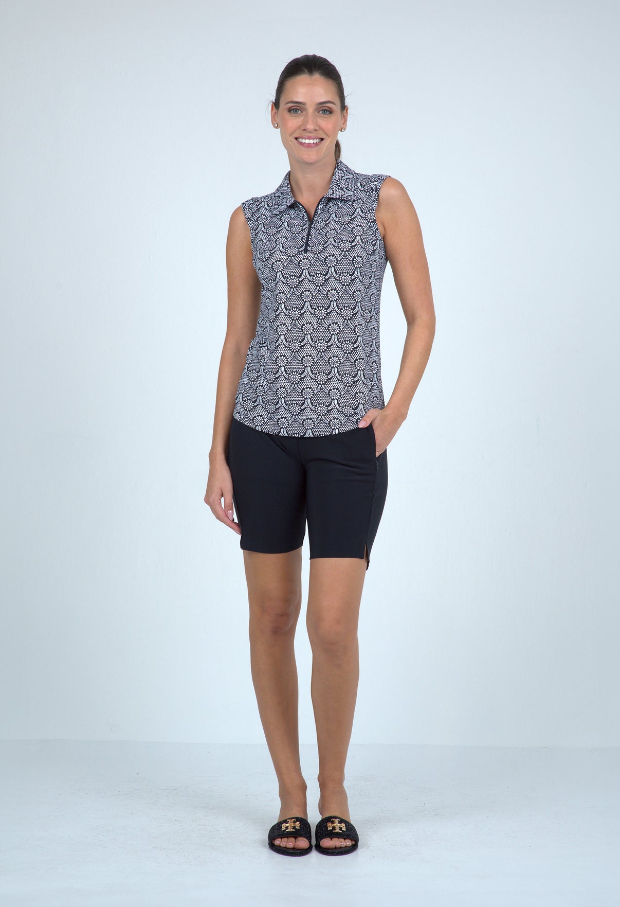 IBKÜL - Leslie Print Sleeveless Polo – 14868 - Color: Black/White