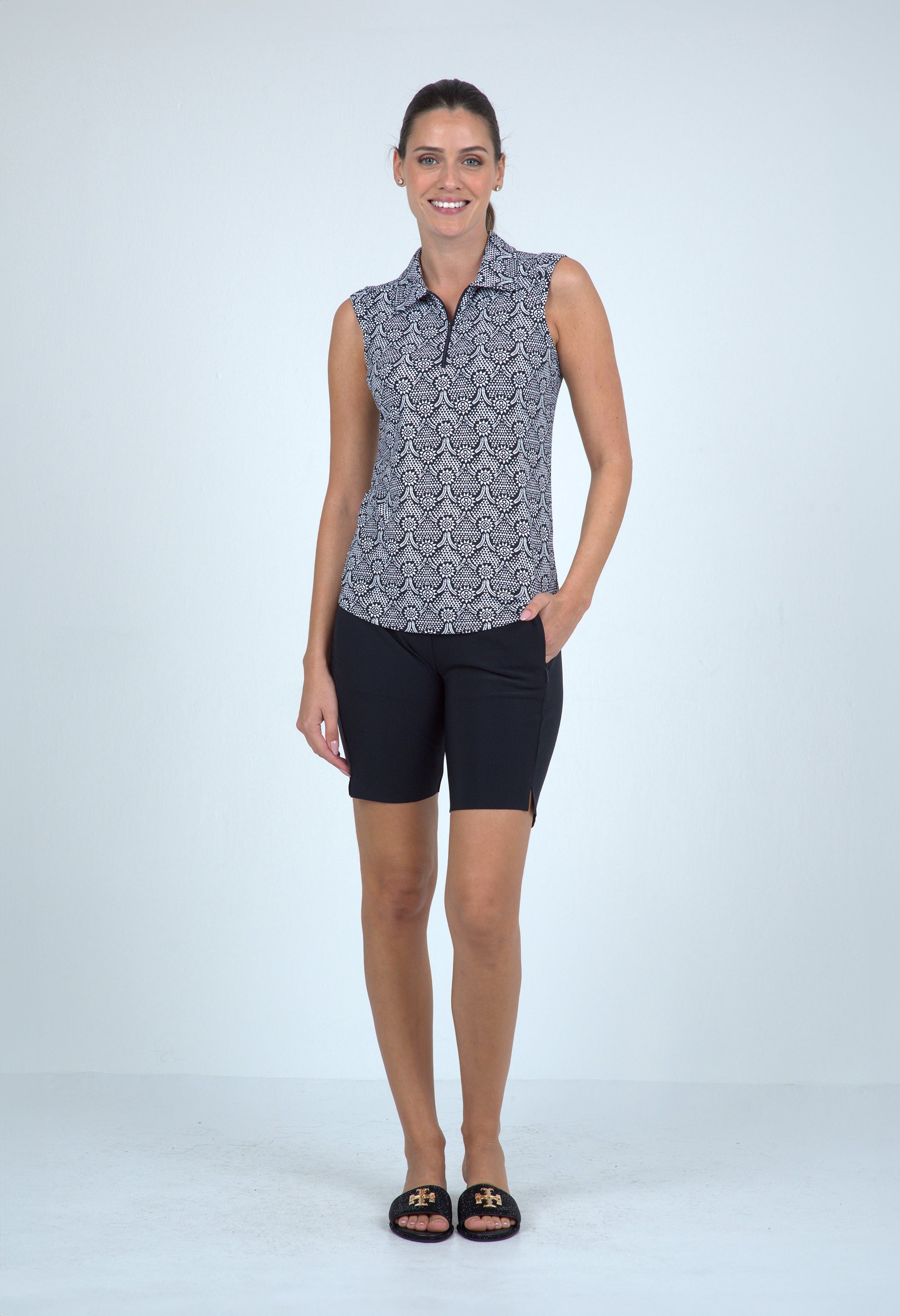 IBKÜL - Leslie Print Sleeveless Polo – 14868 - Color: Black/White