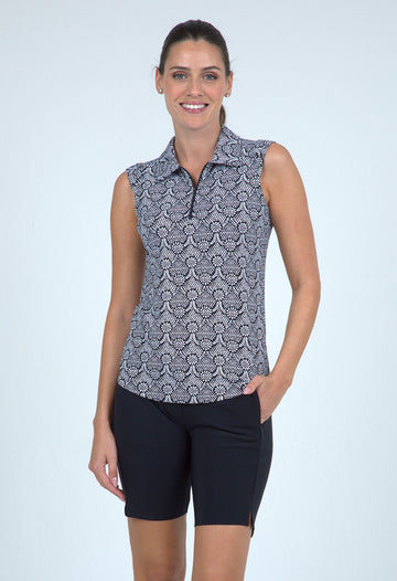 IBKÜL - Leslie Print Sleeveless Polo – 14868 - Color: Black/White