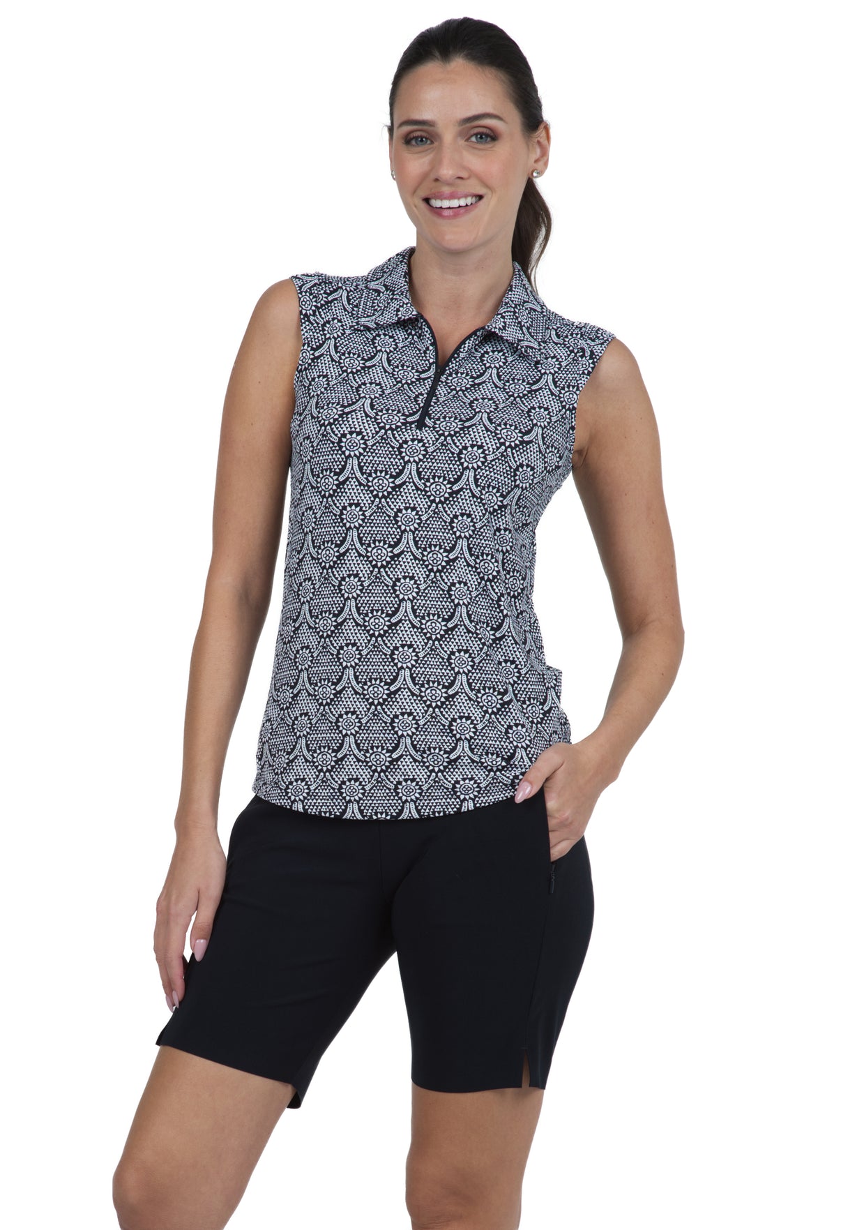 IBKÜL - Leslie Print Sleeveless Polo – 14868 - Color: Black/White