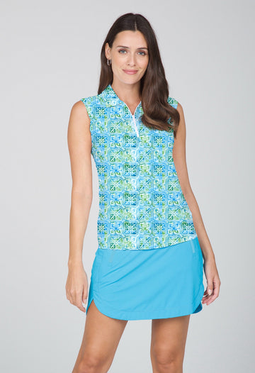 IBKÜL - Kathy Print Sleeveless Polo – 14871 - Color: Turquoise/Lime