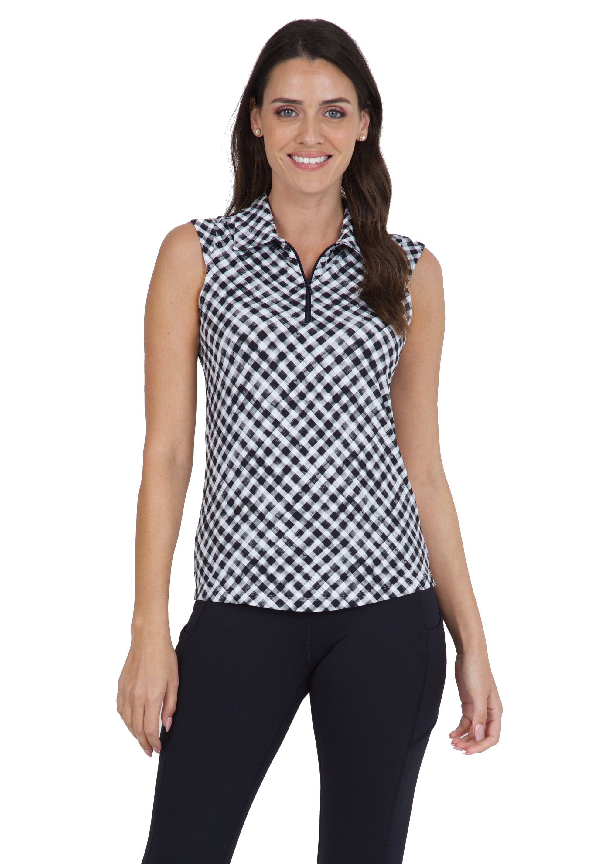 IBKÜL - Gingham Check Print Sleeveless Polo – 14876 - Color: Black/White