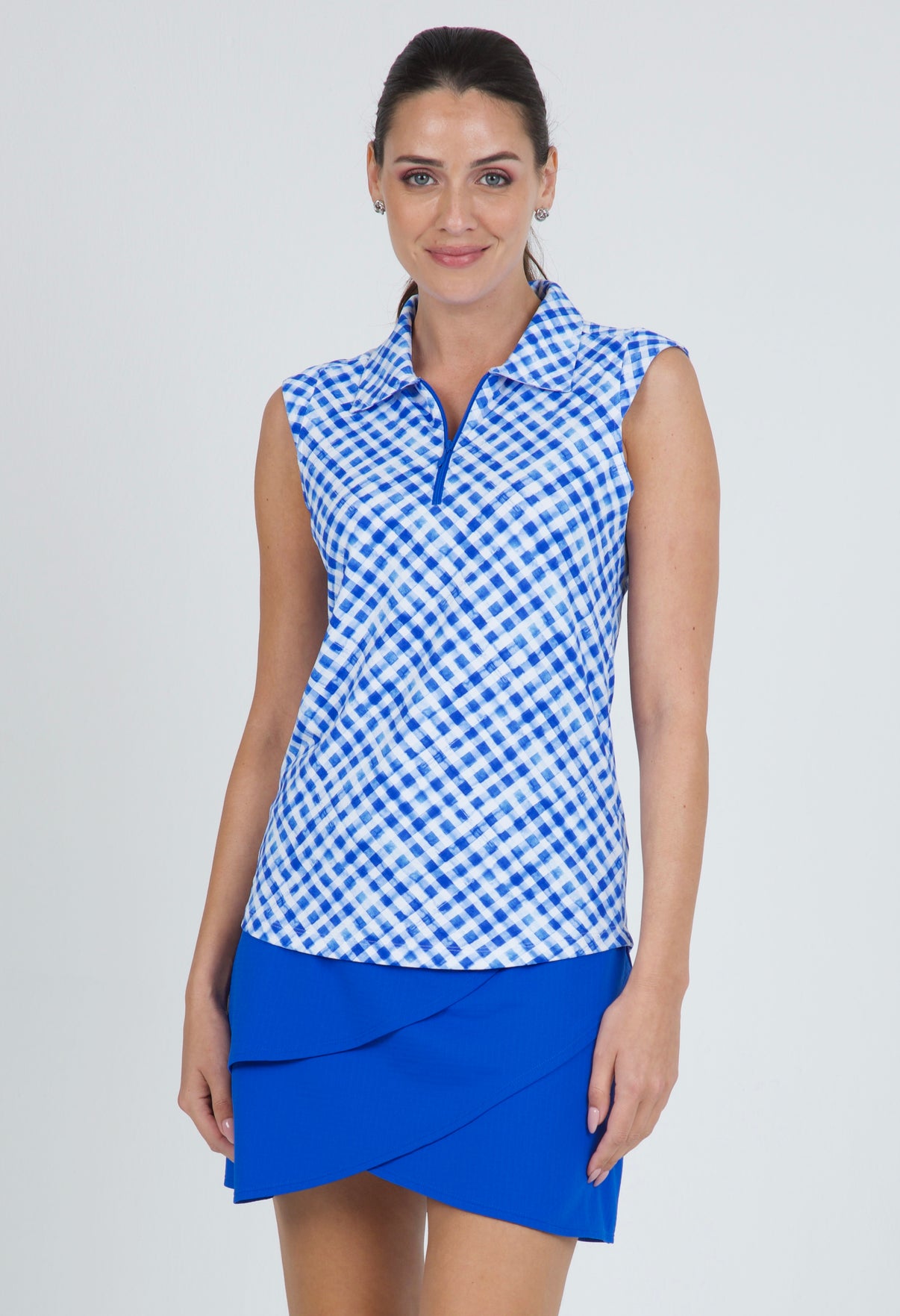 IBKÜL - Gingham Check Print Sleeveless Polo – 14876 - Color: Blue/White