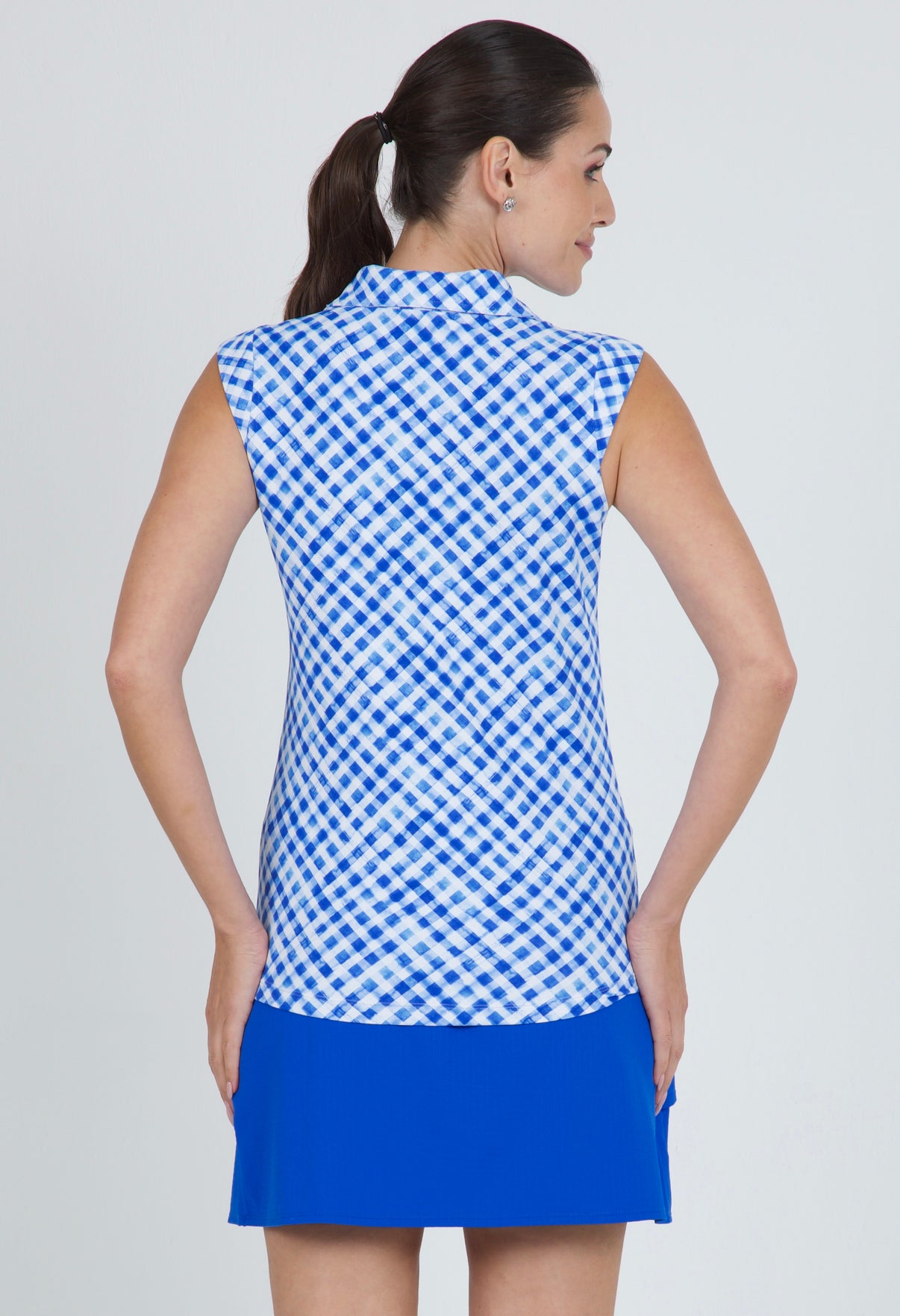 IBKÜL - Gingham Check Print Sleeveless Polo – 14876 - Color: Blue/White