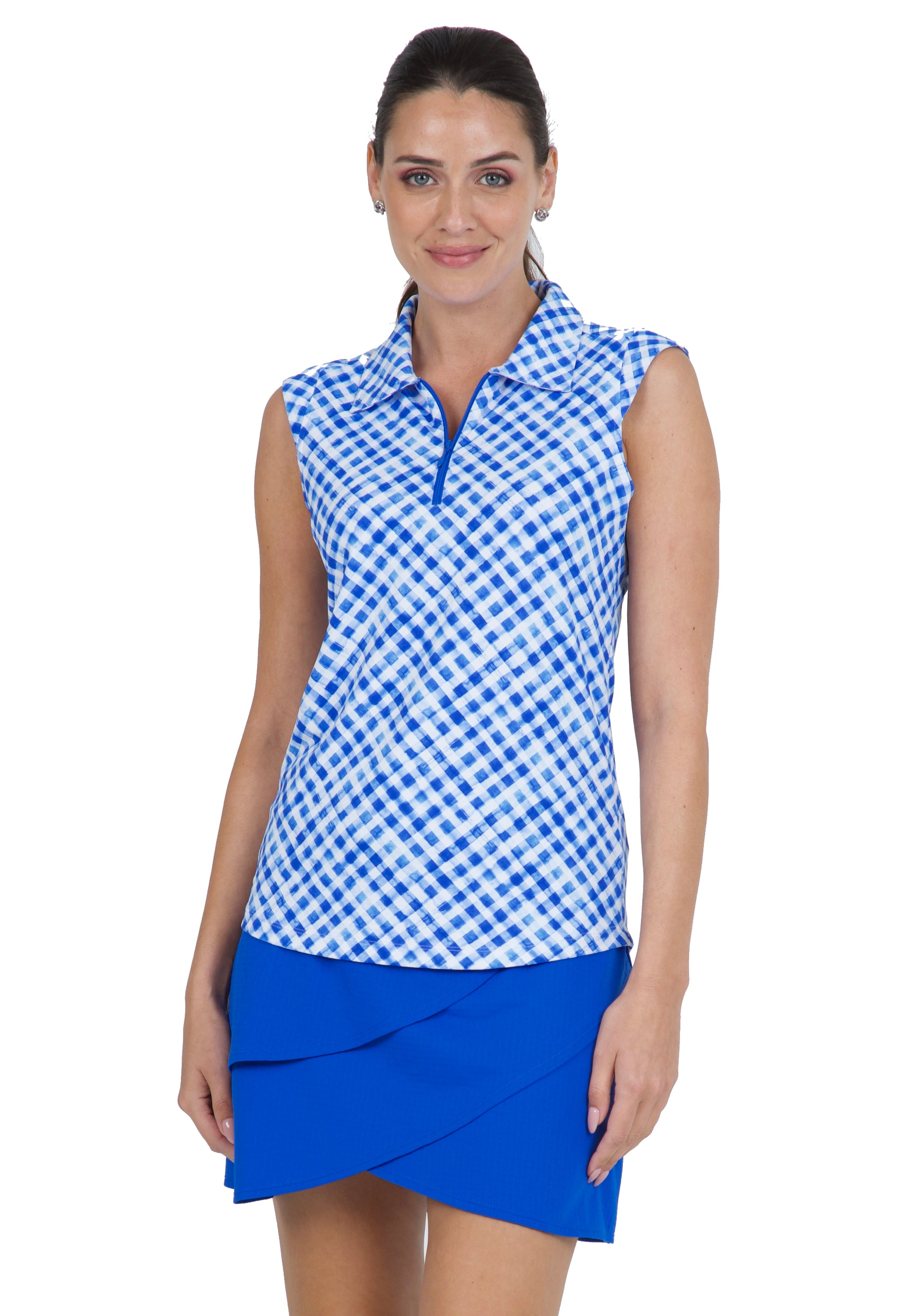 IBKÜL - Gingham Check Print Sleeveless Polo – 14876 - Color: Blue/White