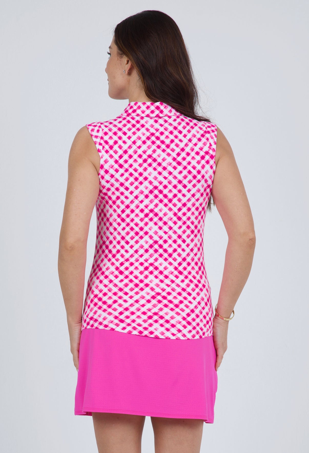 IBKÜL - Gingham Check Print Sleeveless Polo – 14876 - Color: Hot Pink/White