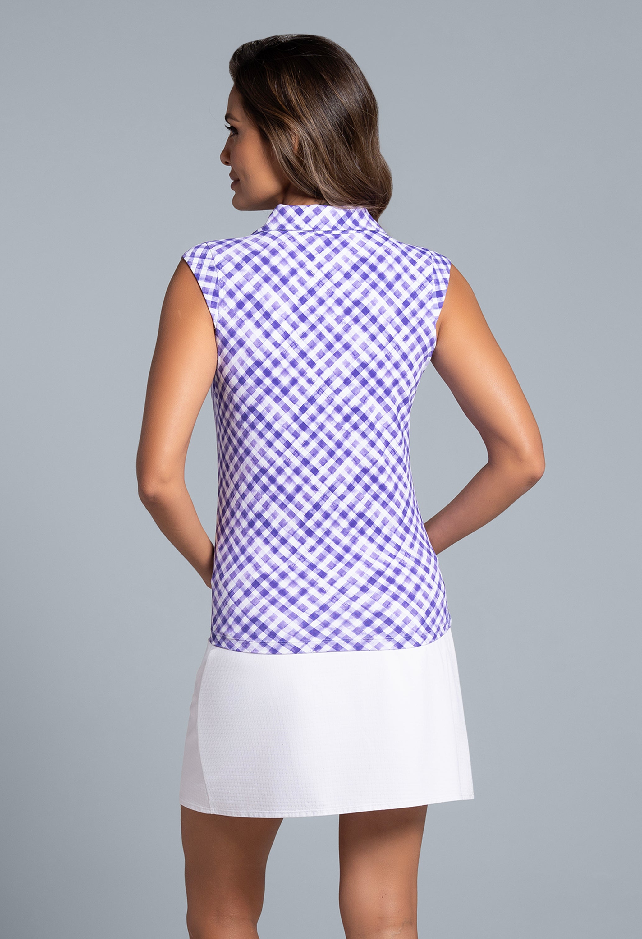 Gingham Check Print Sleeveless Polo
