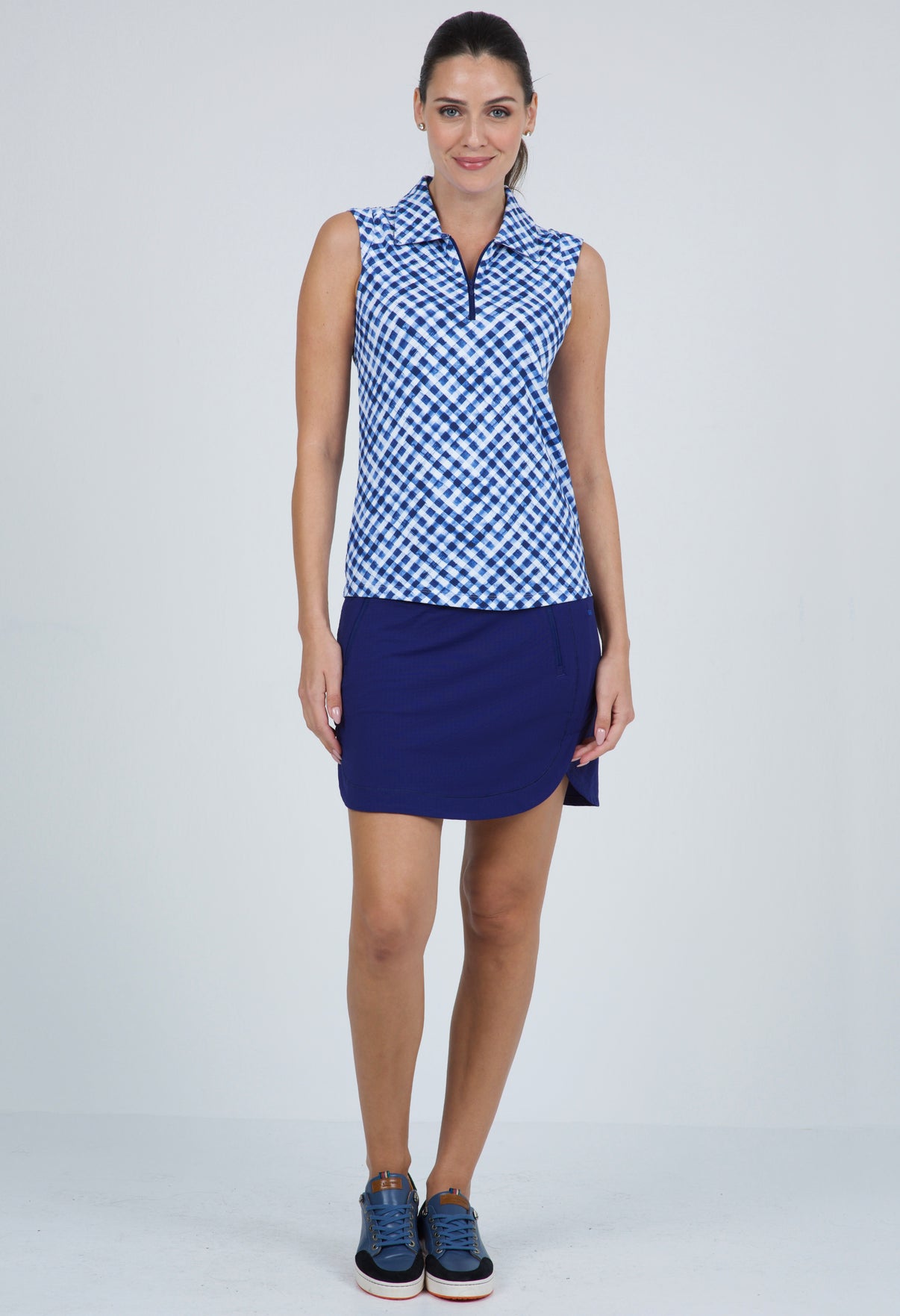IBKÜL - Gingham Check Print Sleeveless Polo – 14876 - Color: Navy/White