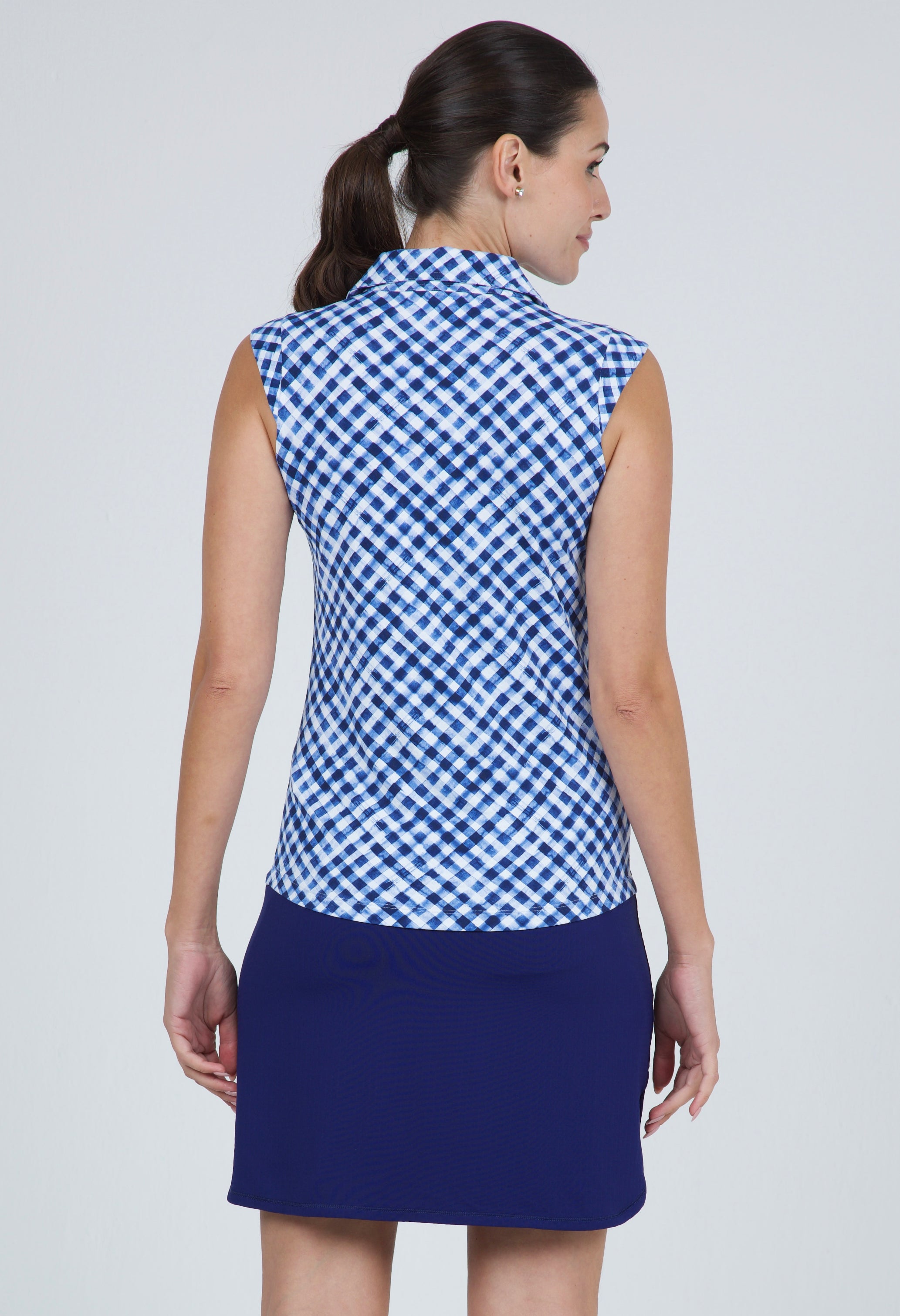 IBKÜL - Gingham Check Print Sleeveless Polo – 14876 - Color: Navy/White