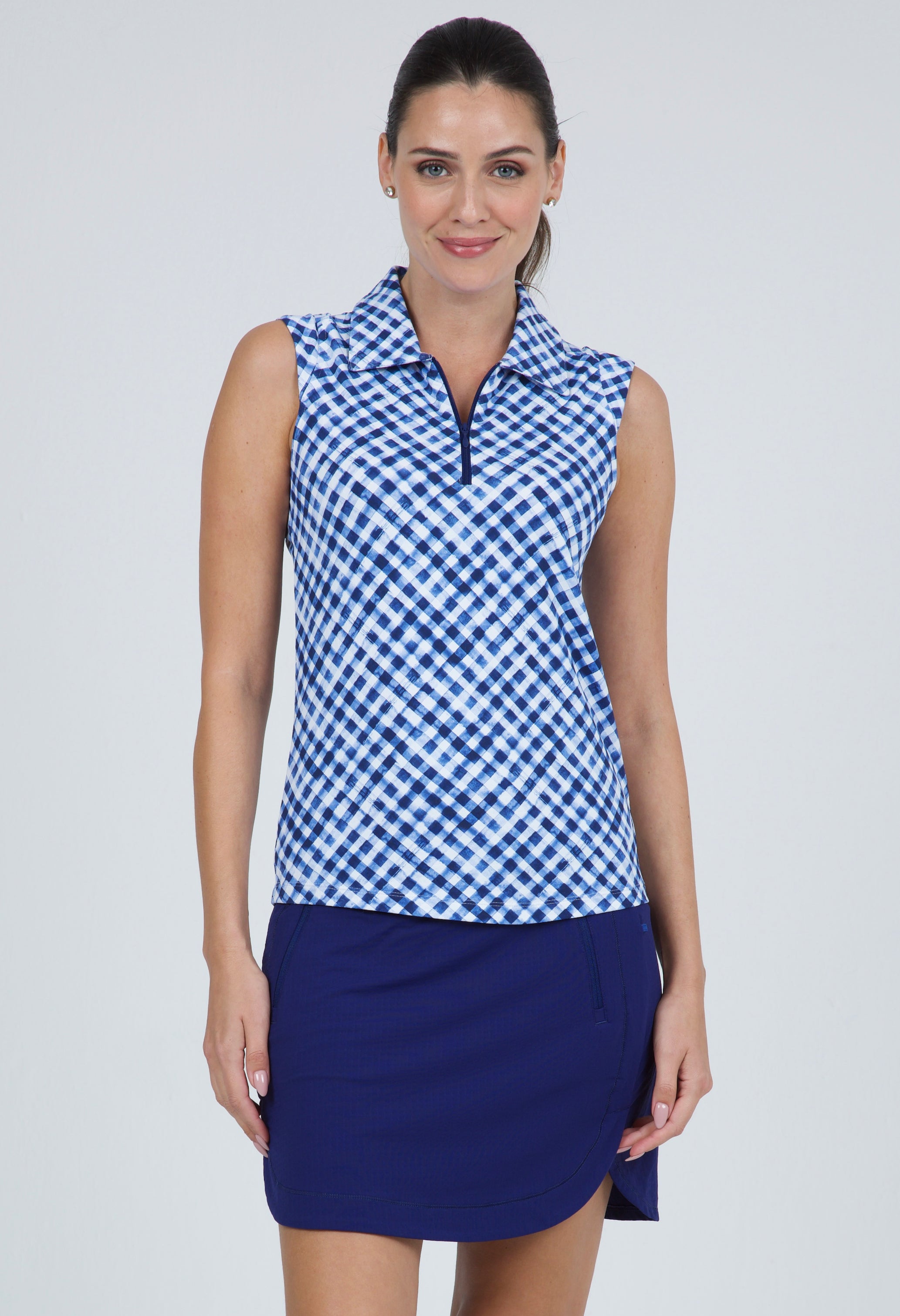 Gingham Check Print Sleeveless Polo