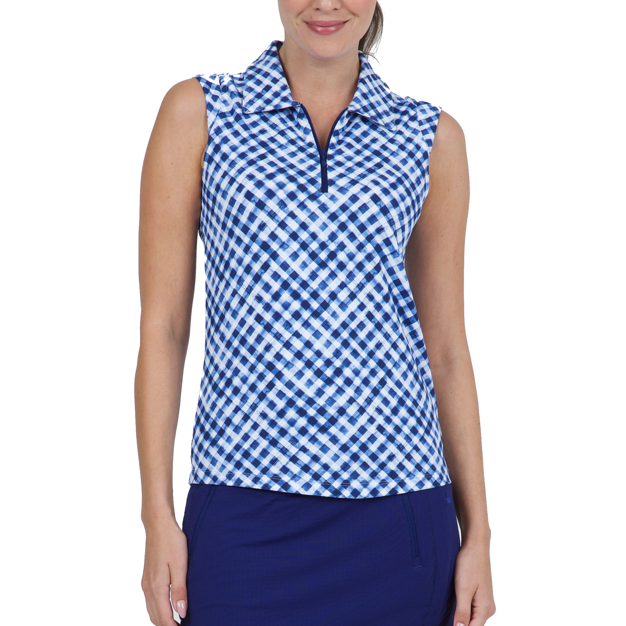 IBKÜL - Gingham Check Print Sleeveless Polo – 14876 - Color: Navy/White