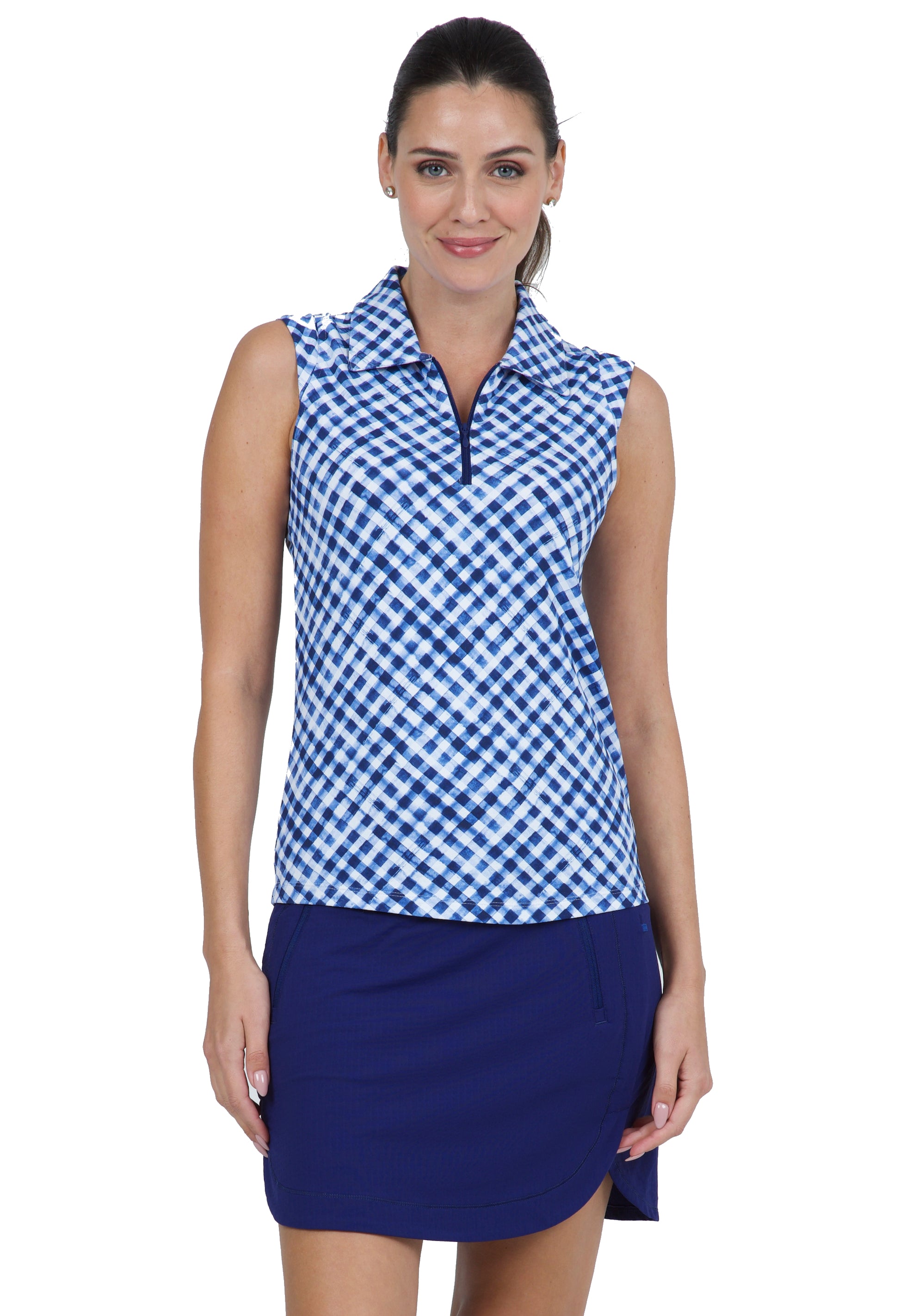 IBKÜL - Gingham Check Print Sleeveless Polo – 14876 - Color: Navy/White