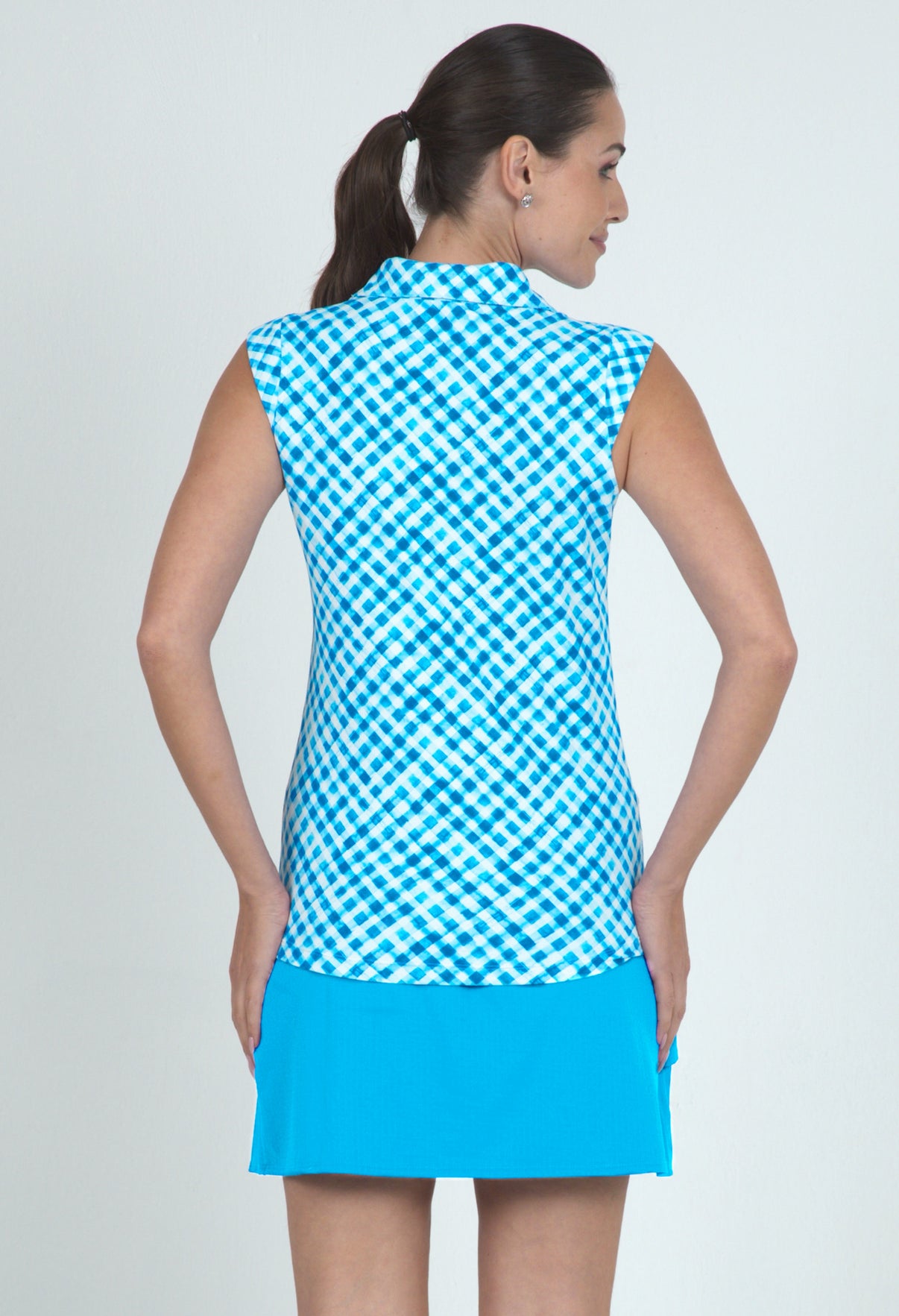 IBKÜL - Gingham Check Print Sleeveless Polo – 14876 - Color: Turq/White