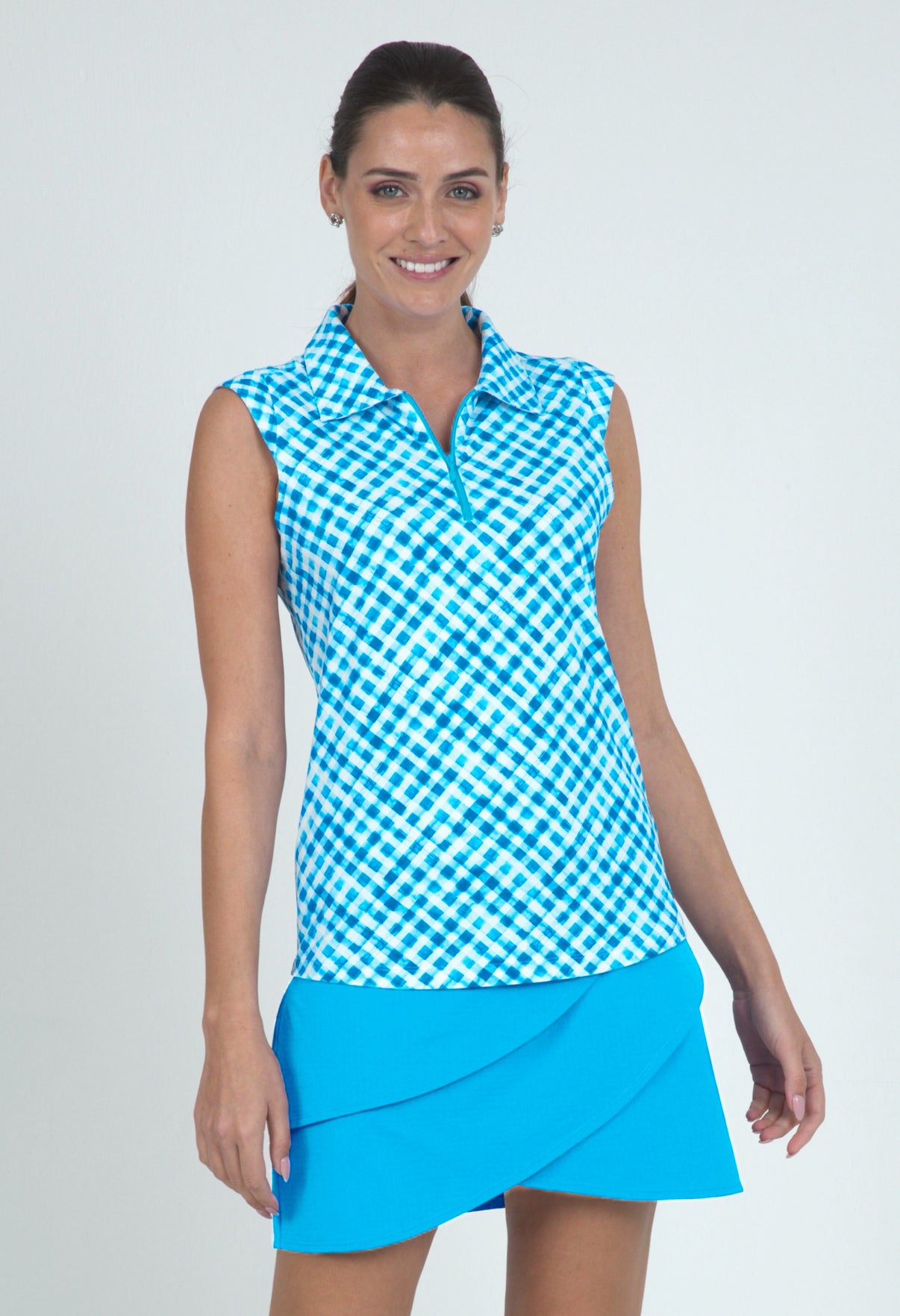 IBKÜL - Gingham Check Print Sleeveless Polo – 14876 - Color: Turq/White