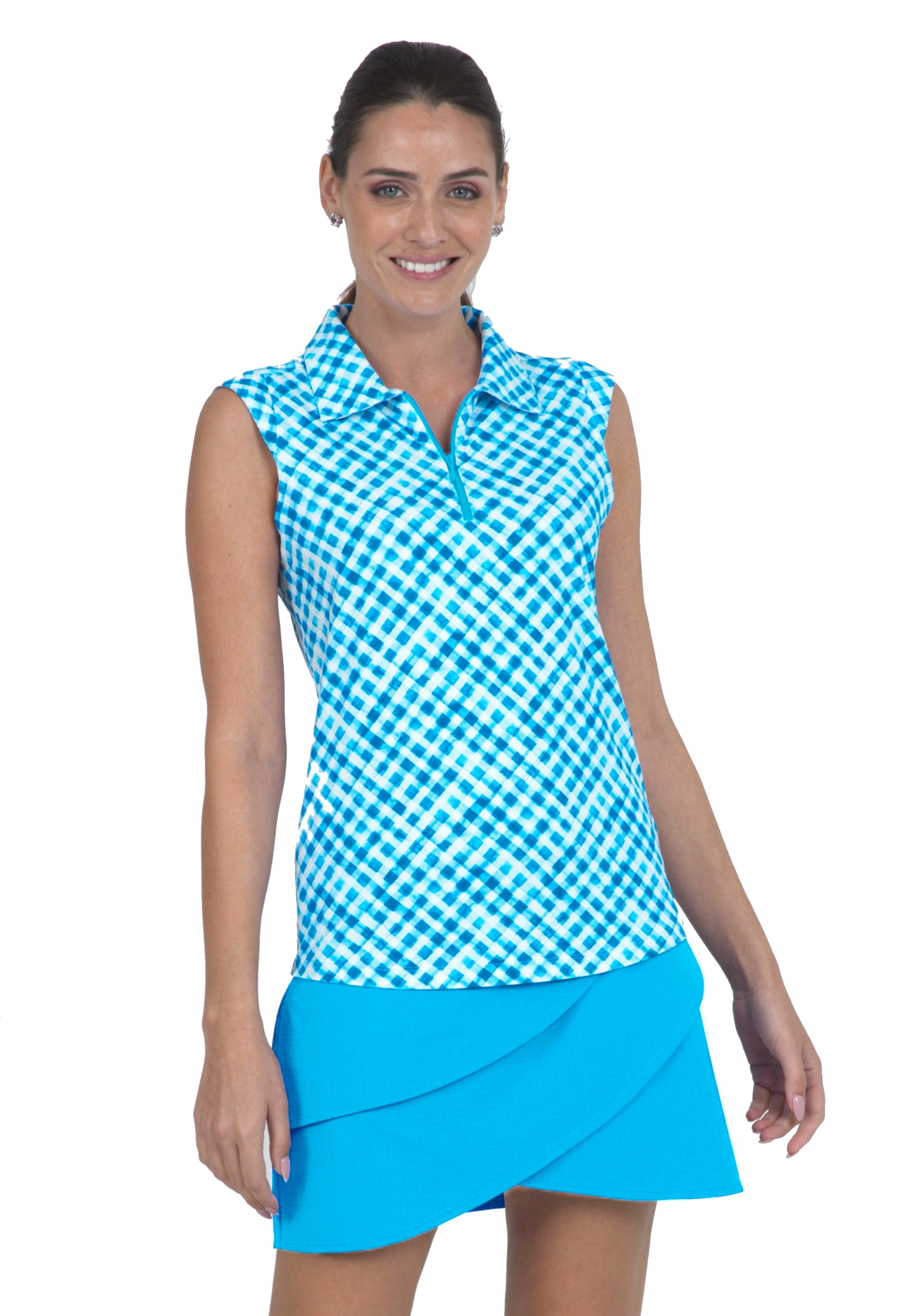 IBKÜL - Gingham Check Print Sleeveless Polo – 14876 - Color: Turq/White