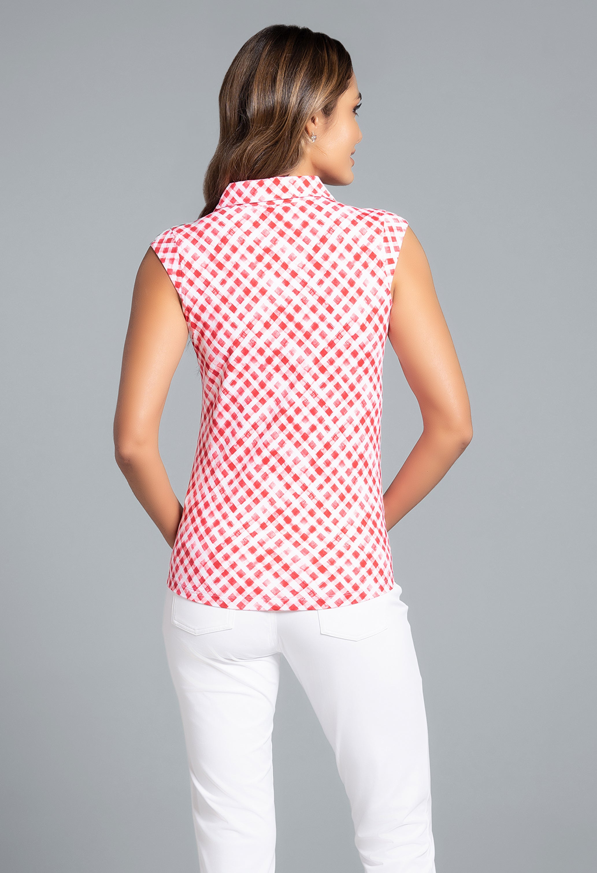 Gingham Check Print Sleeveless Polo