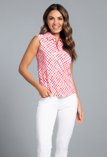 Gingham Check Print Sleeveless Polo