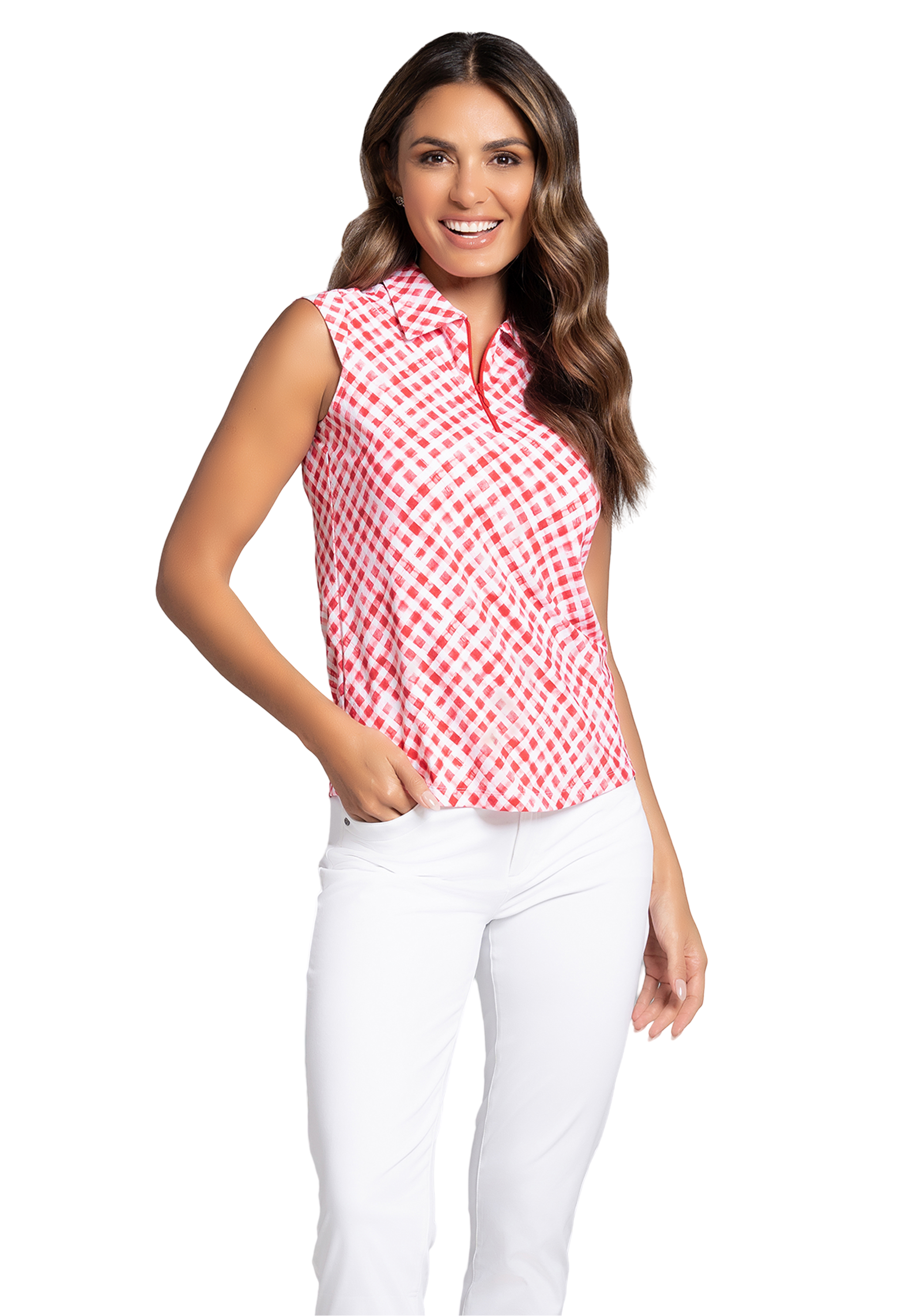 Gingham Check Print Sleeveless Polo