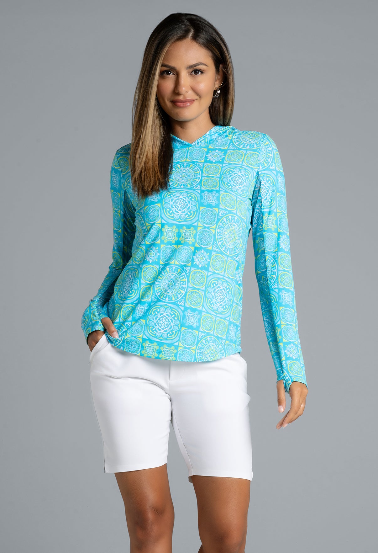 IBKÜL - Colette Print Long Sleeve Hoody – 16090 - Color: Turquoise/Lime