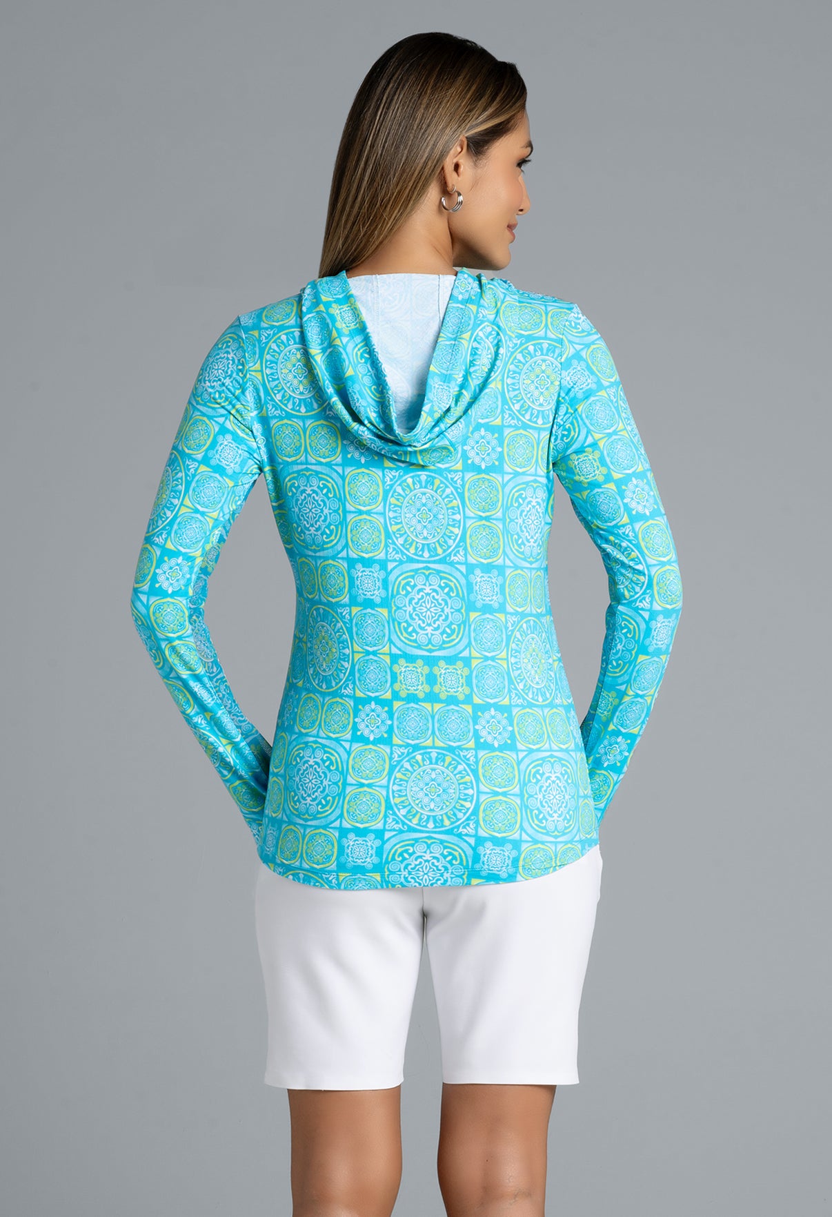 IBKÜL - Colette Print Long Sleeve Hoody – 16090 - Color: Turquoise/Lime