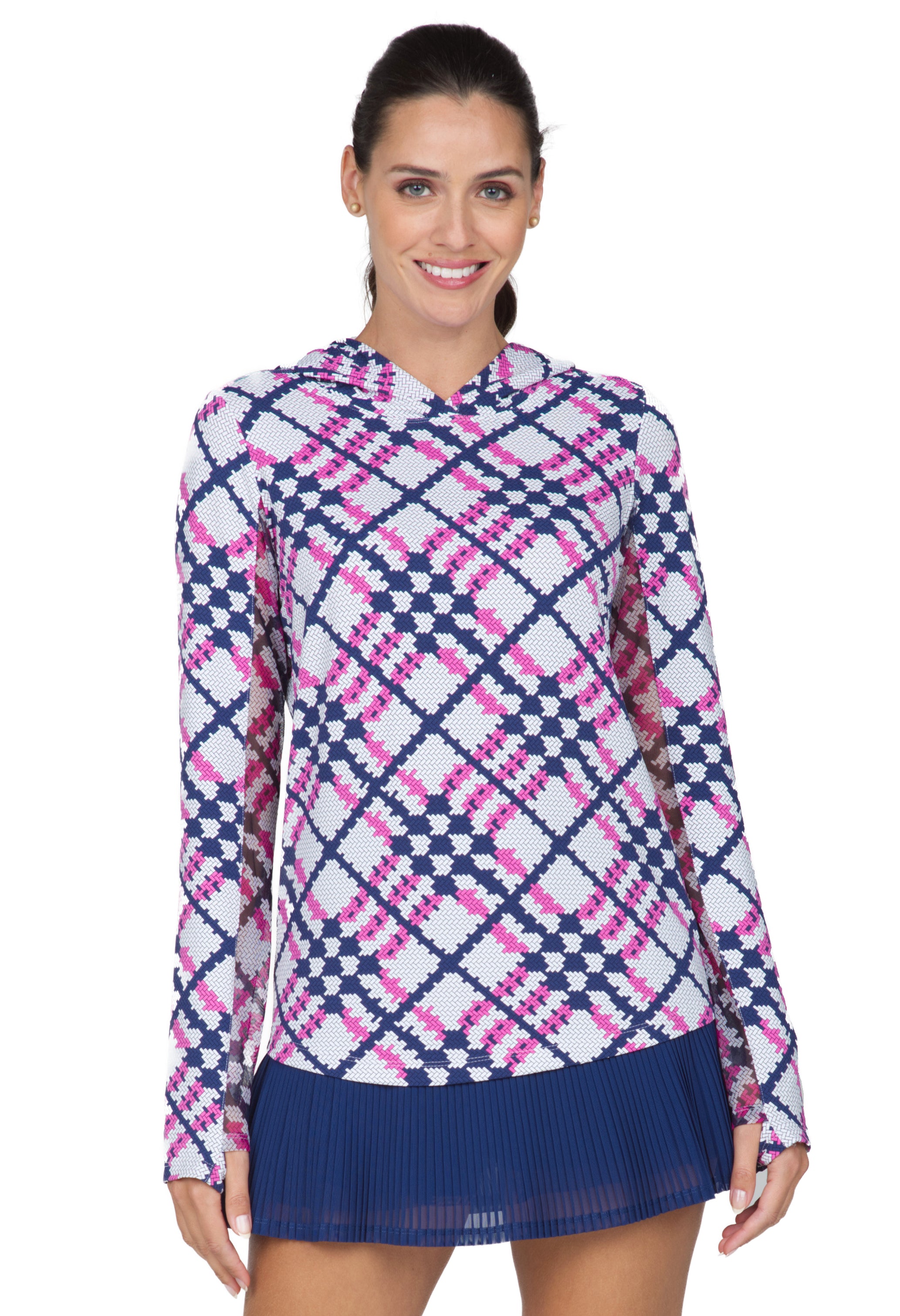 IBKÜL - Sonika Print Long Sleeve Hoody – 16653 - Color: Hot Pink/Navy