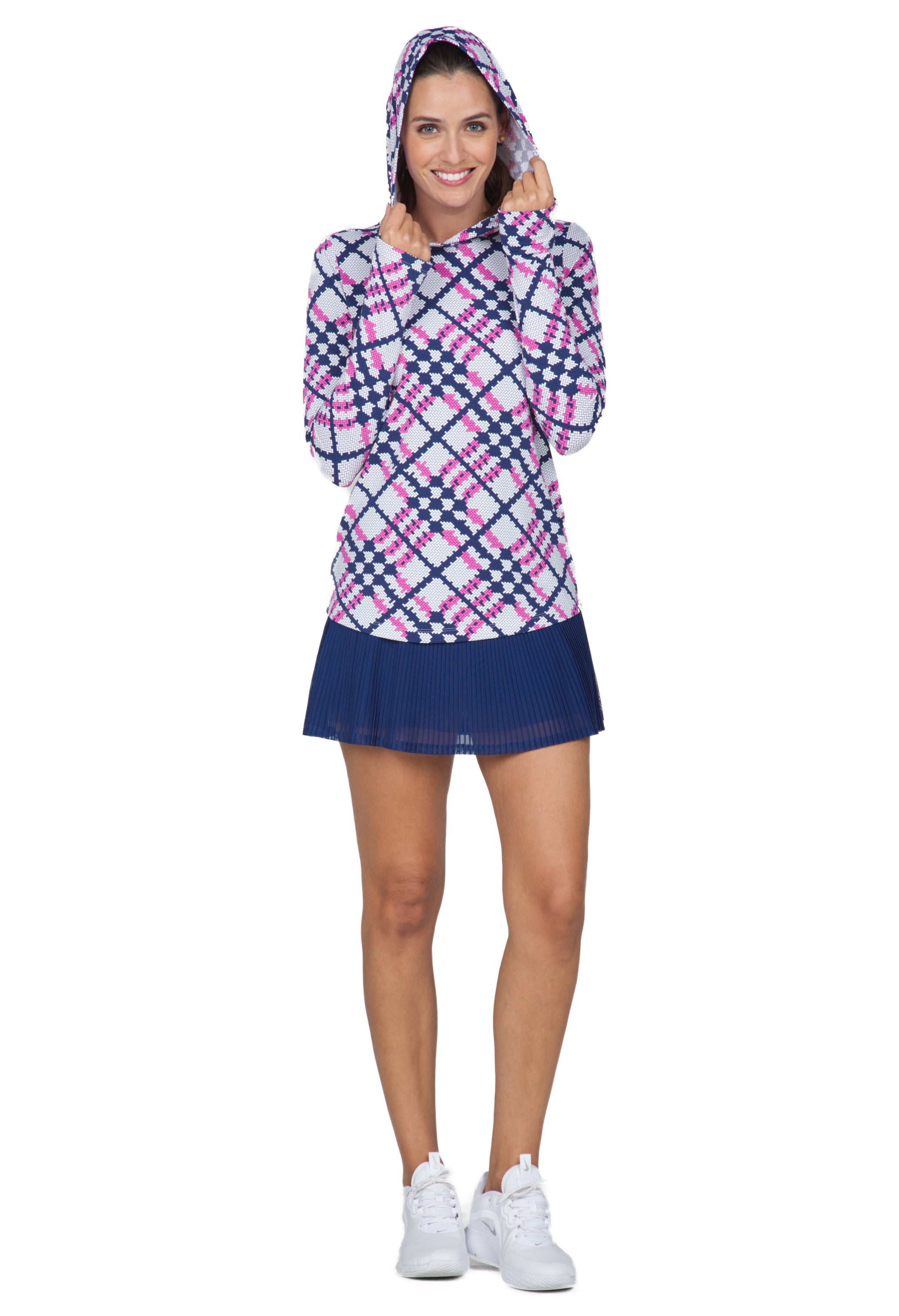 IBKÜL - Sonika Print Long Sleeve Hoody – 16653 - Color: Hot Pink/Navy