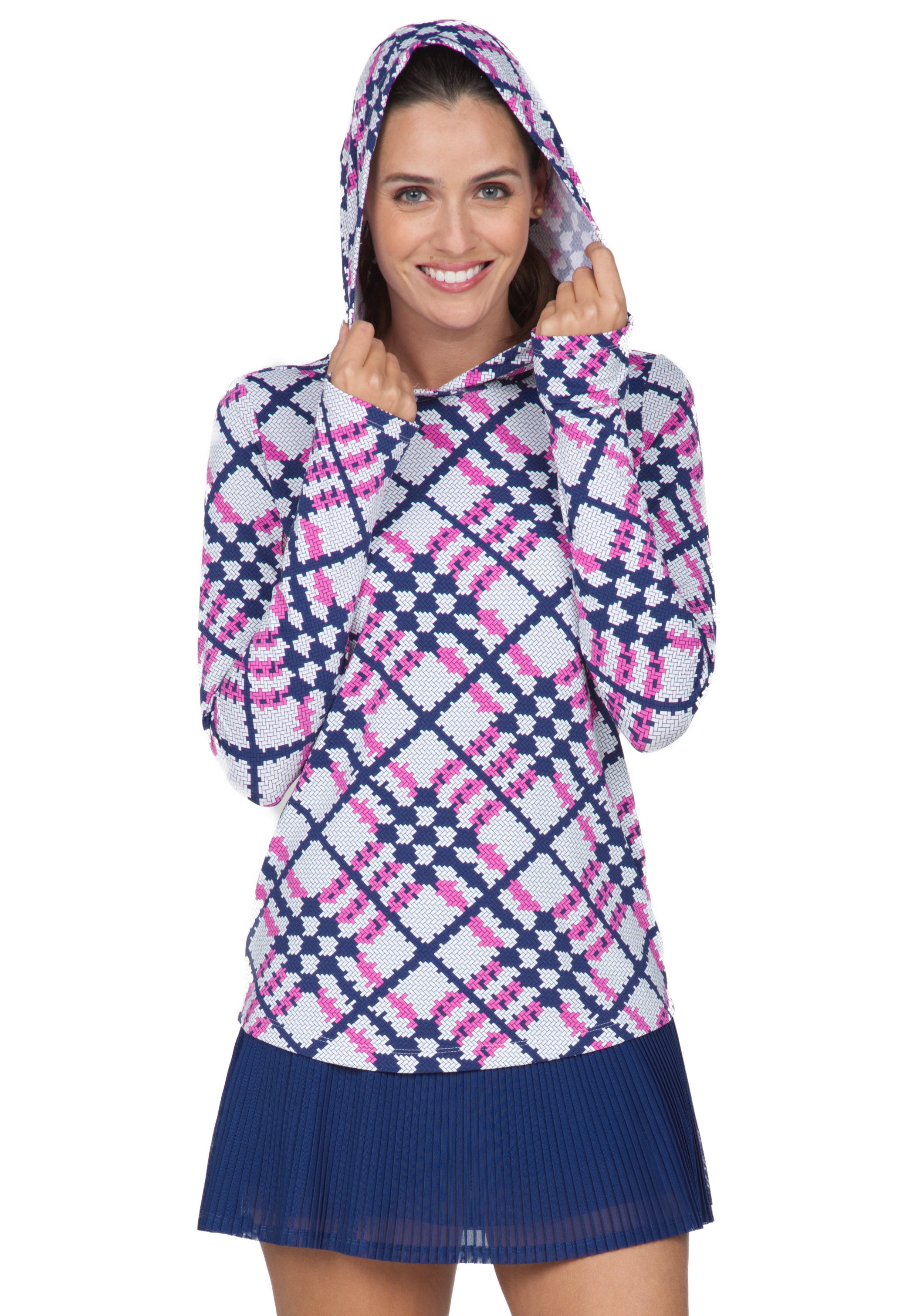 IBKÜL - Sonika Print Long Sleeve Hoody – 16653 - Color: Hot Pink/Navy