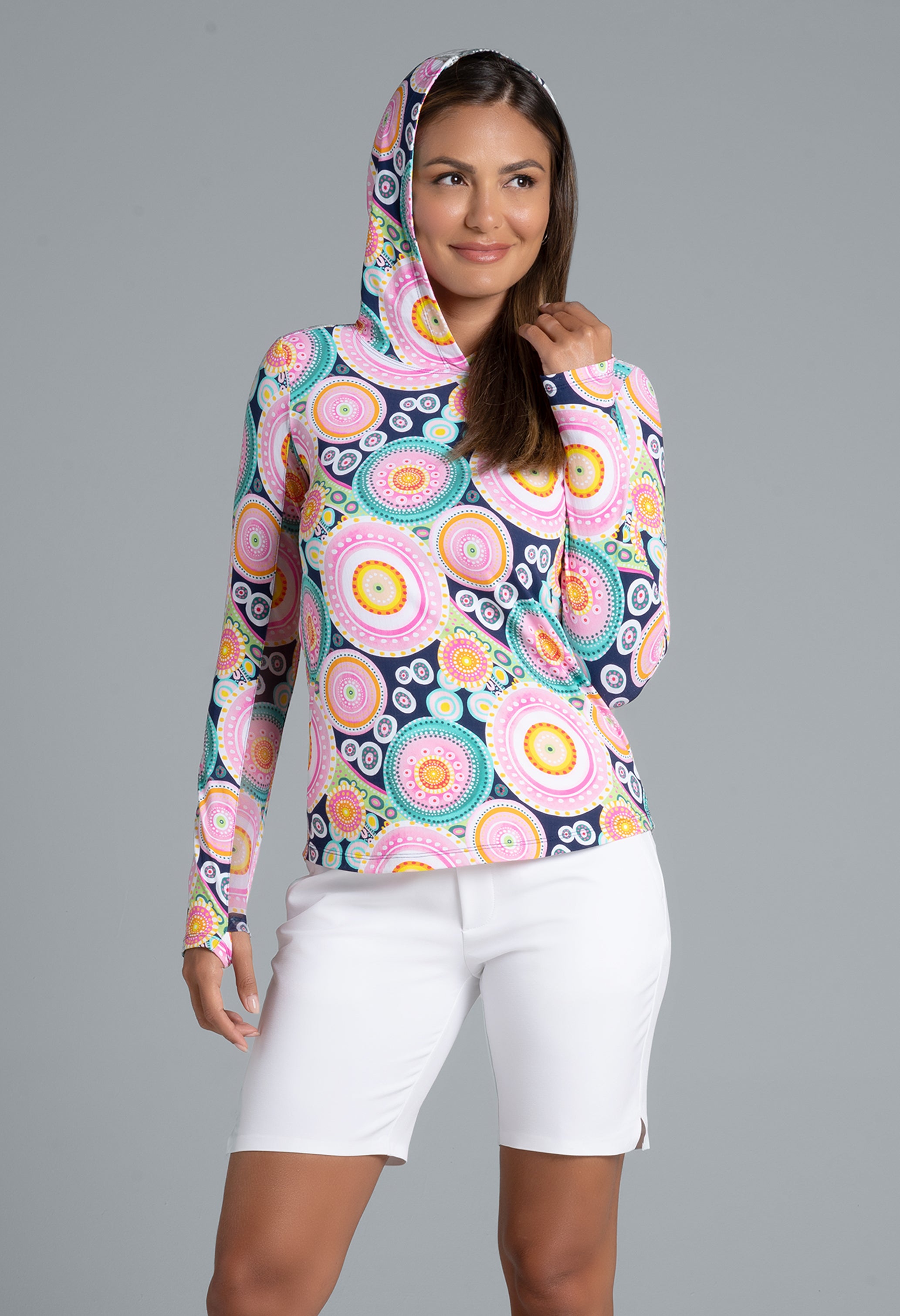IBKÜL - Leona Print Long Sleeve Hoody – 16933 - Color: Navy Multi