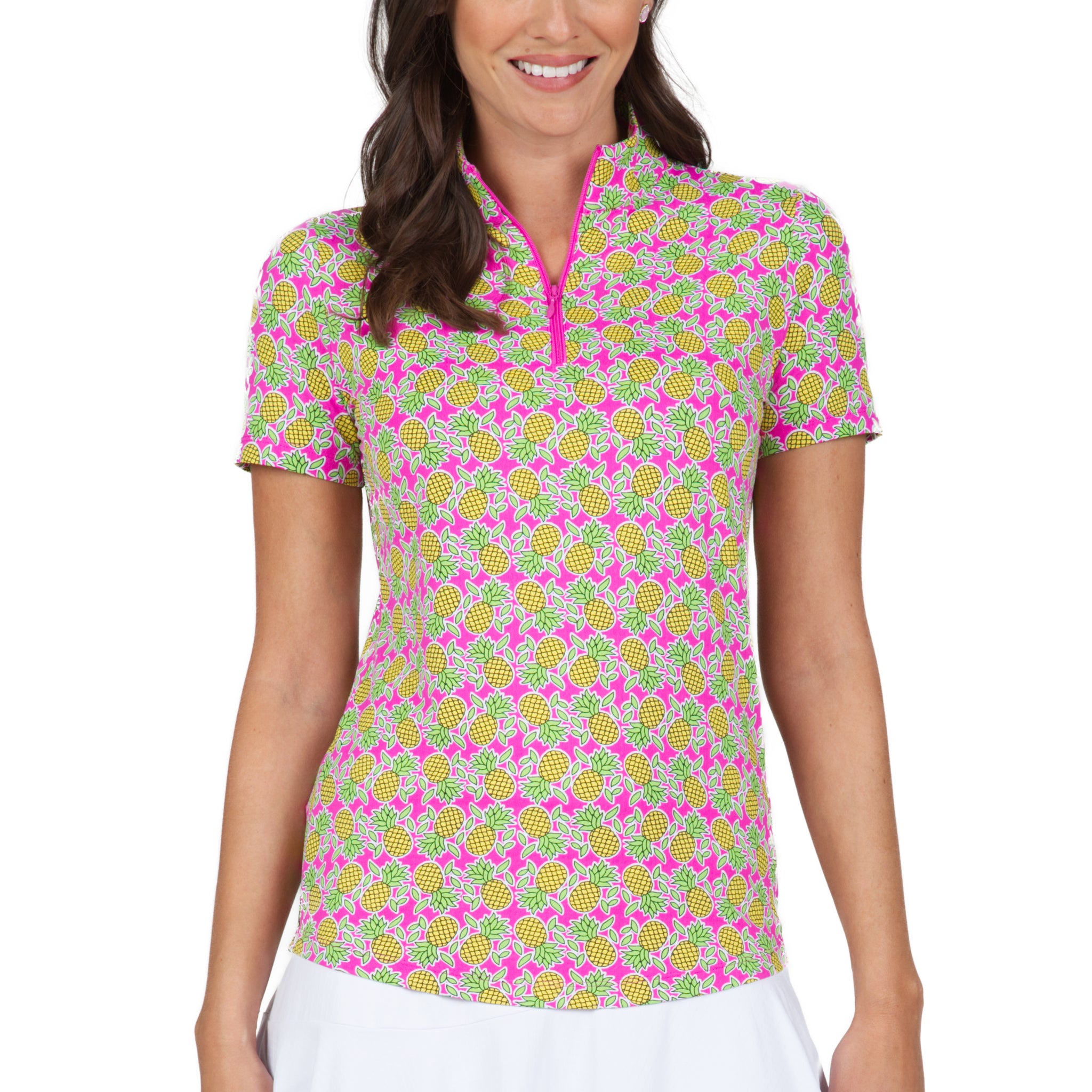 IBKÜL - Chantal Print Short Sleeve Mock Neck – 17540 - Color: Hot Pink/Lime