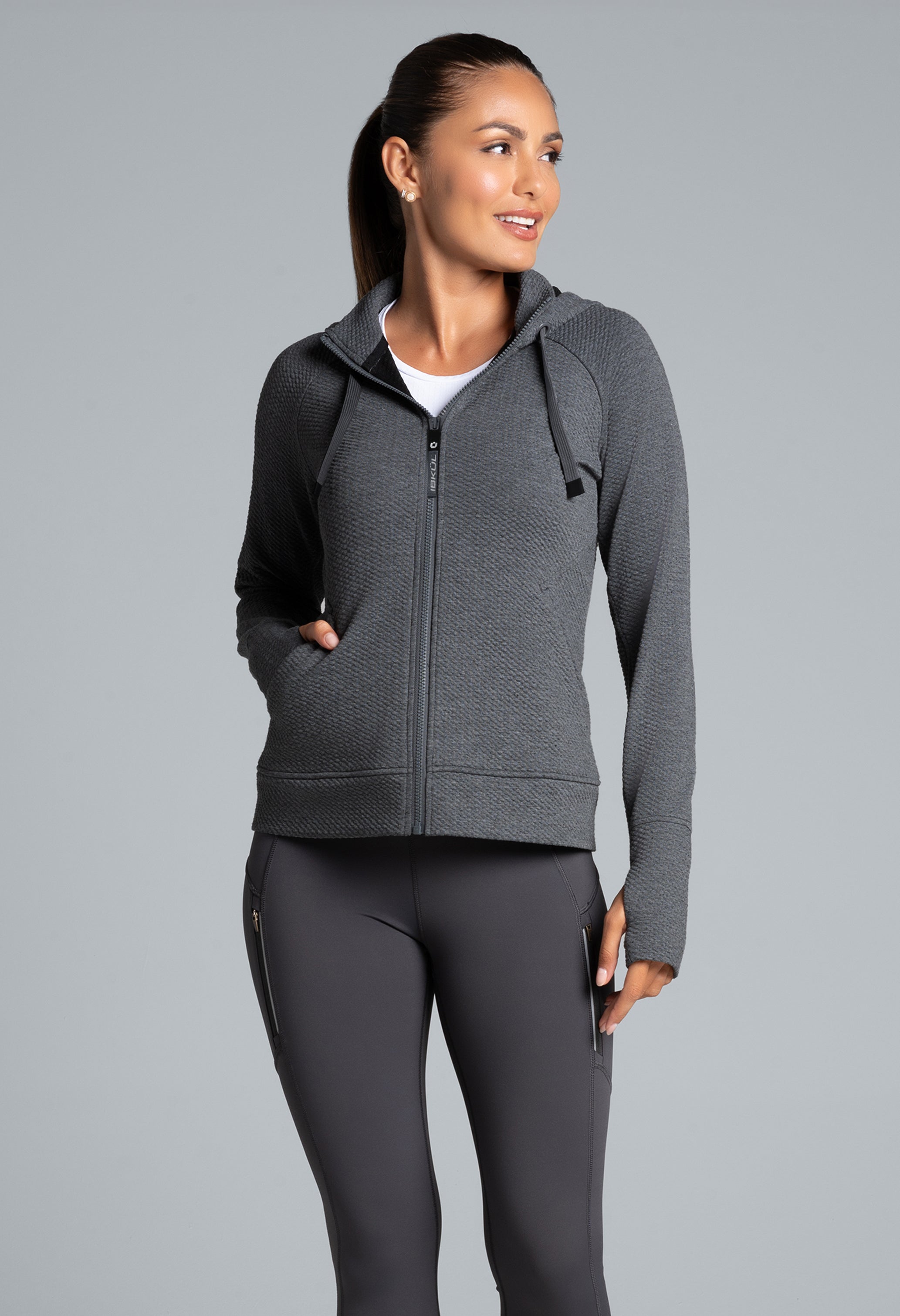 Solid Popcorn Stitch Zip Hoody Jacket