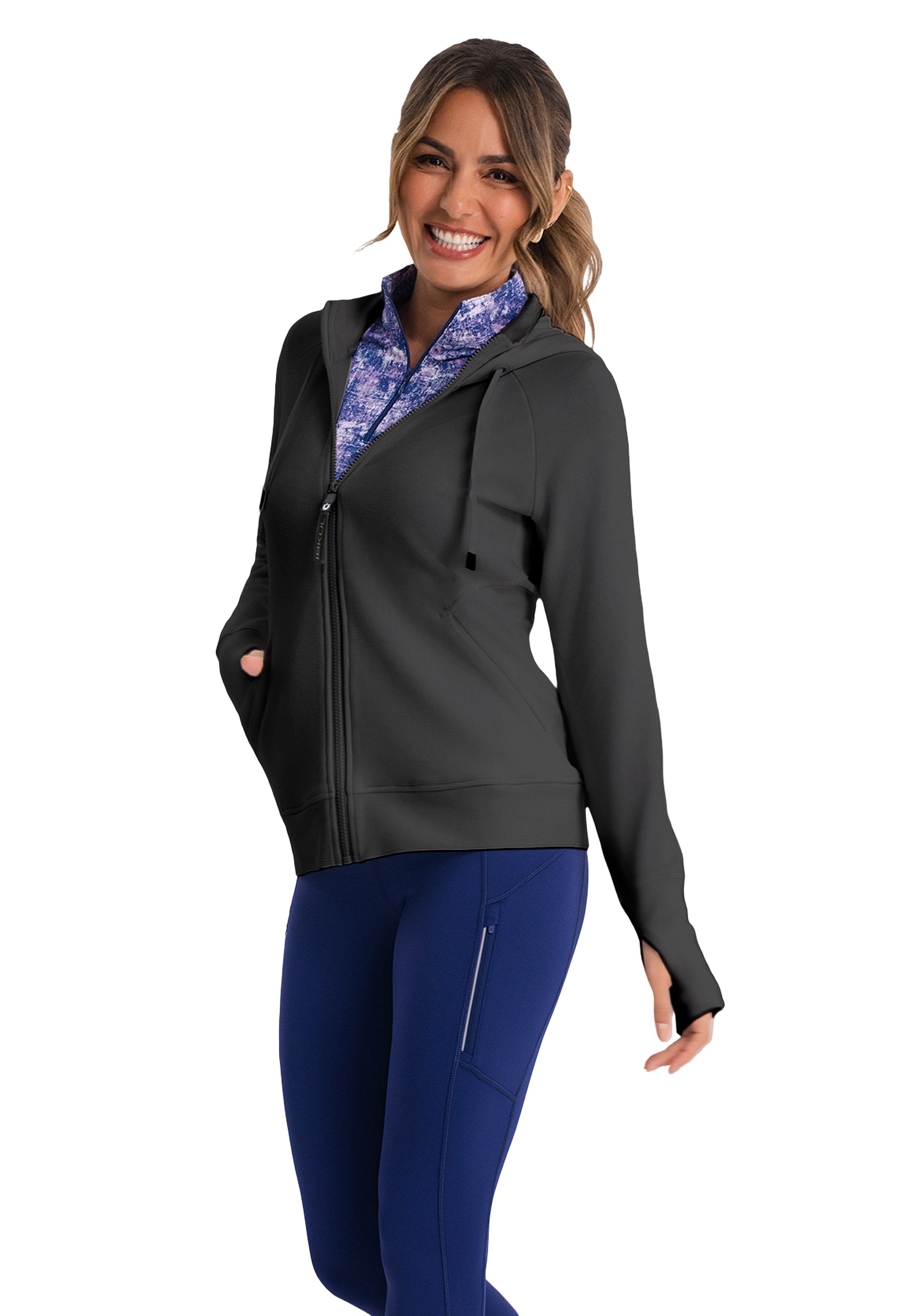 IBKÜL - Micro Waffle Knit Zip Hoody Jacket - Color: Black Heather
