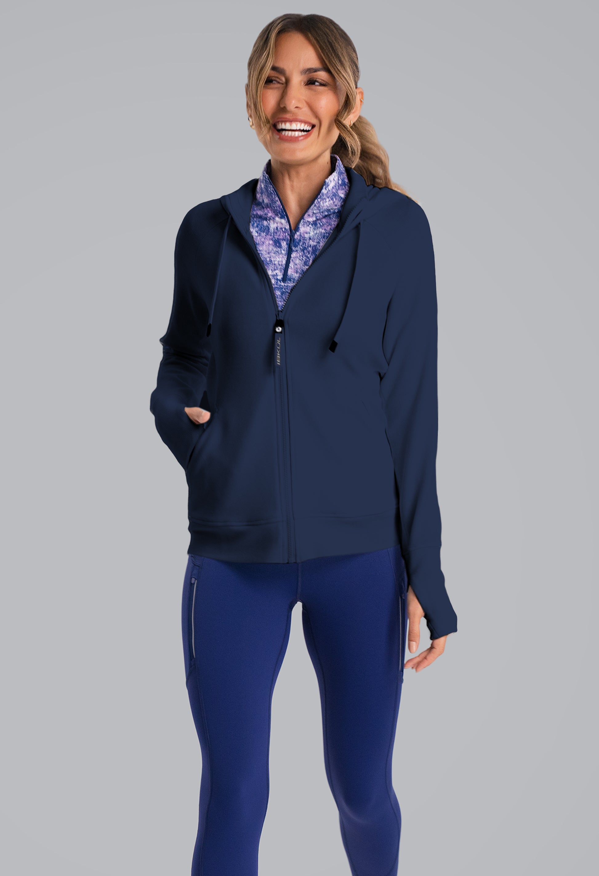 IBKÜL - Micro Waffle Knit Zip Hoody Jacket - Color: Classic Navy Heather