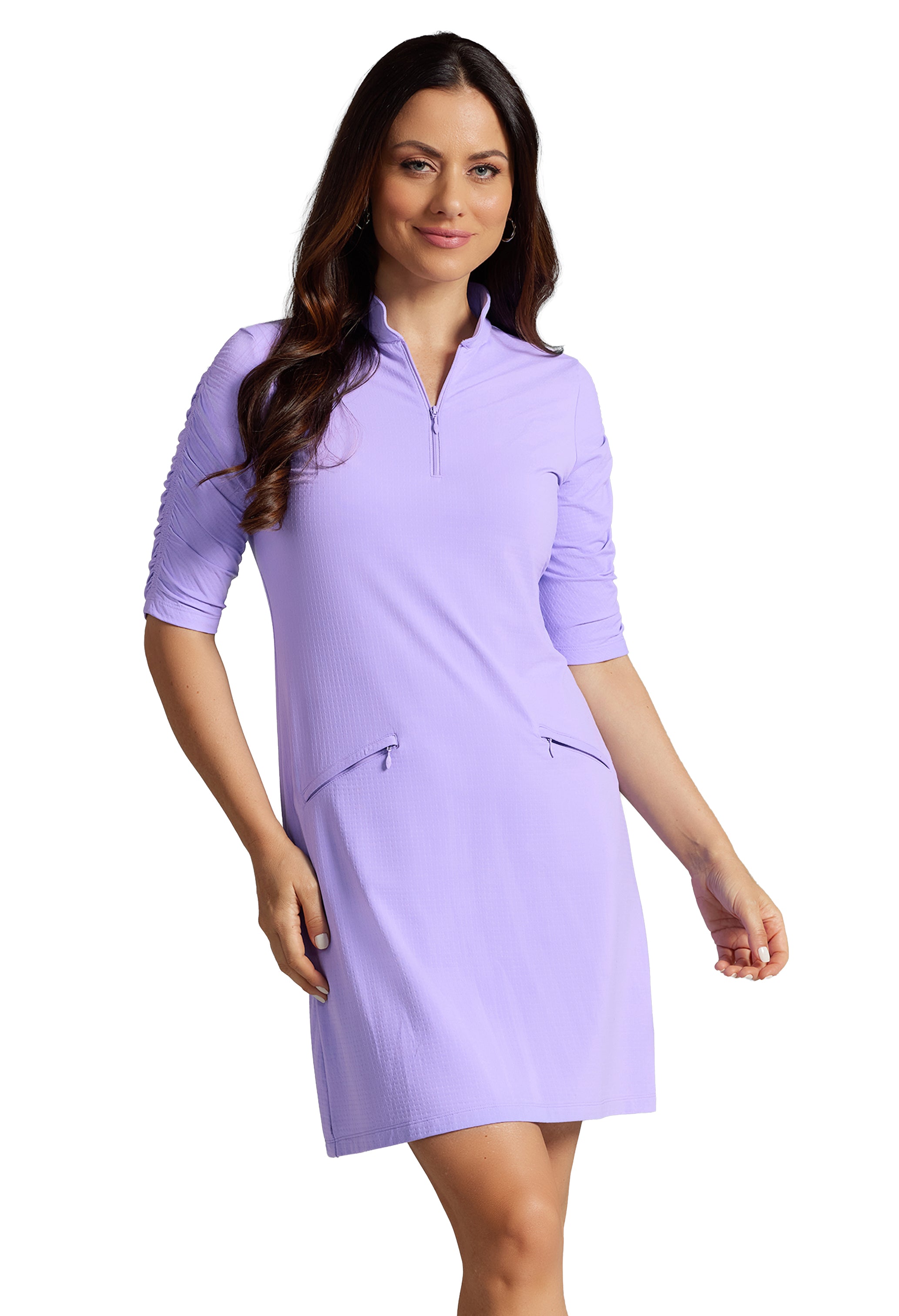 Solid Ruched Elbow Sleeve Dress