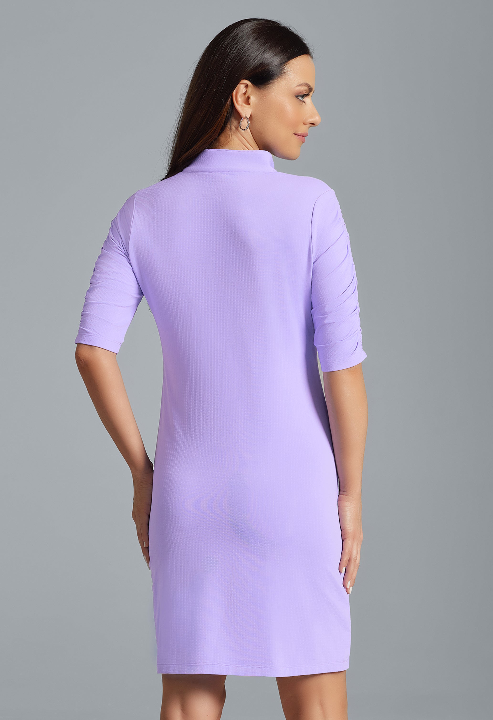 Solid Ruched Elbow Sleeve Dress