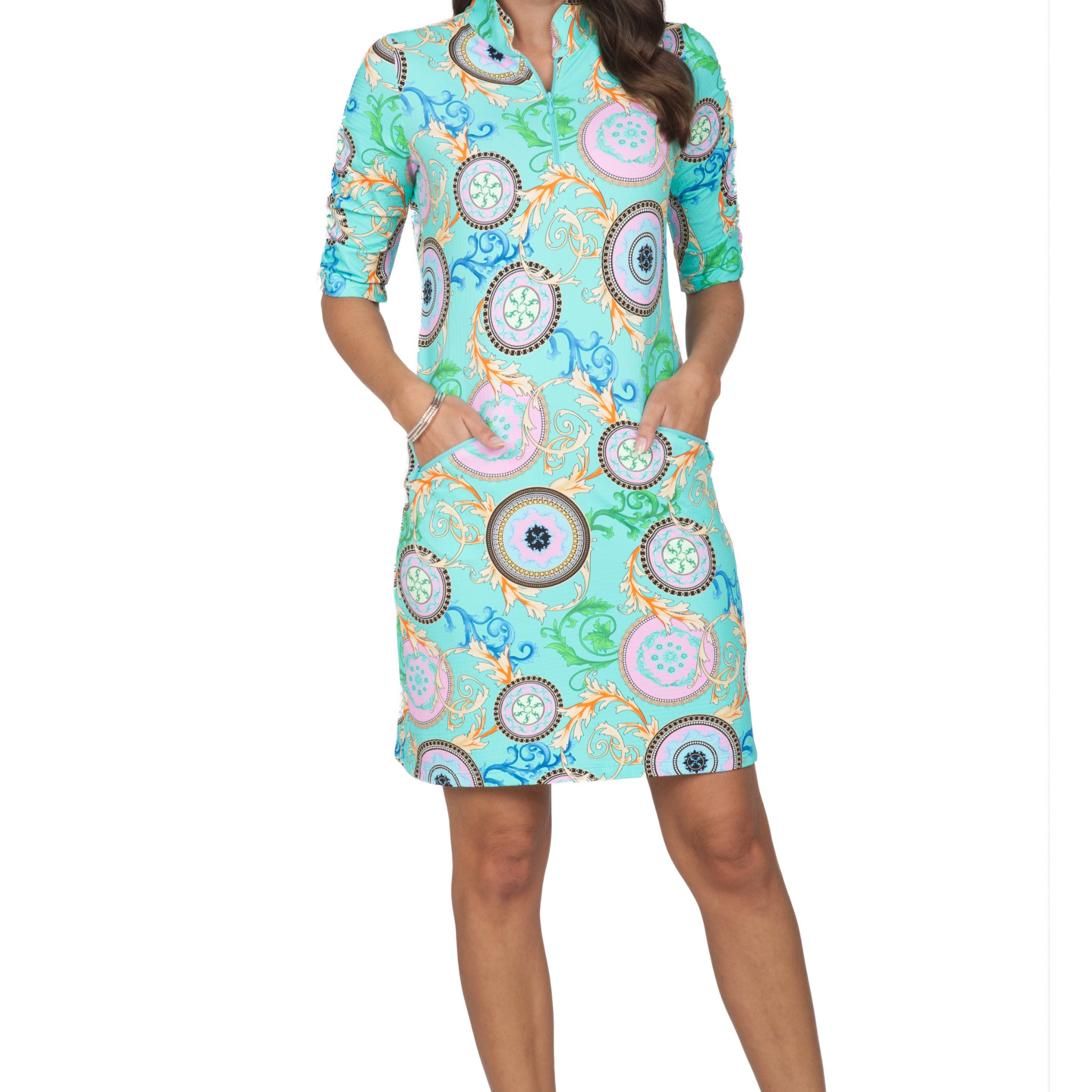 Debbie Print Ruched Elbow Length Sleeve Dress - 40654
