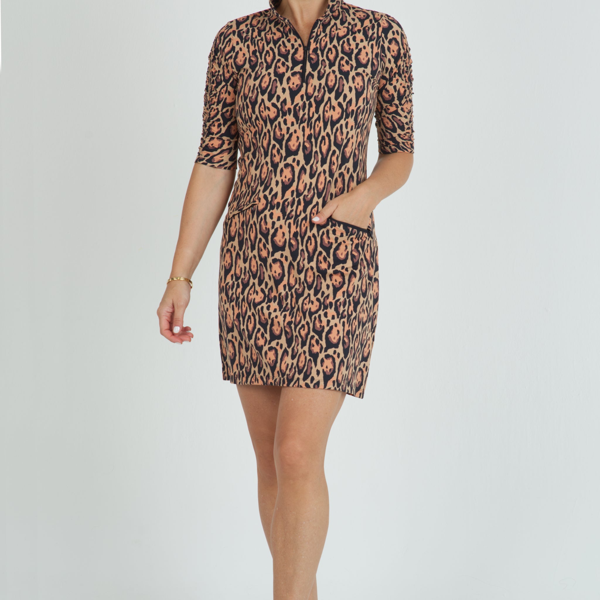 IBKÜL - Gemma Print Ruched Elbow Length Sleeve Dress – 40758 - Color: Brown/Black