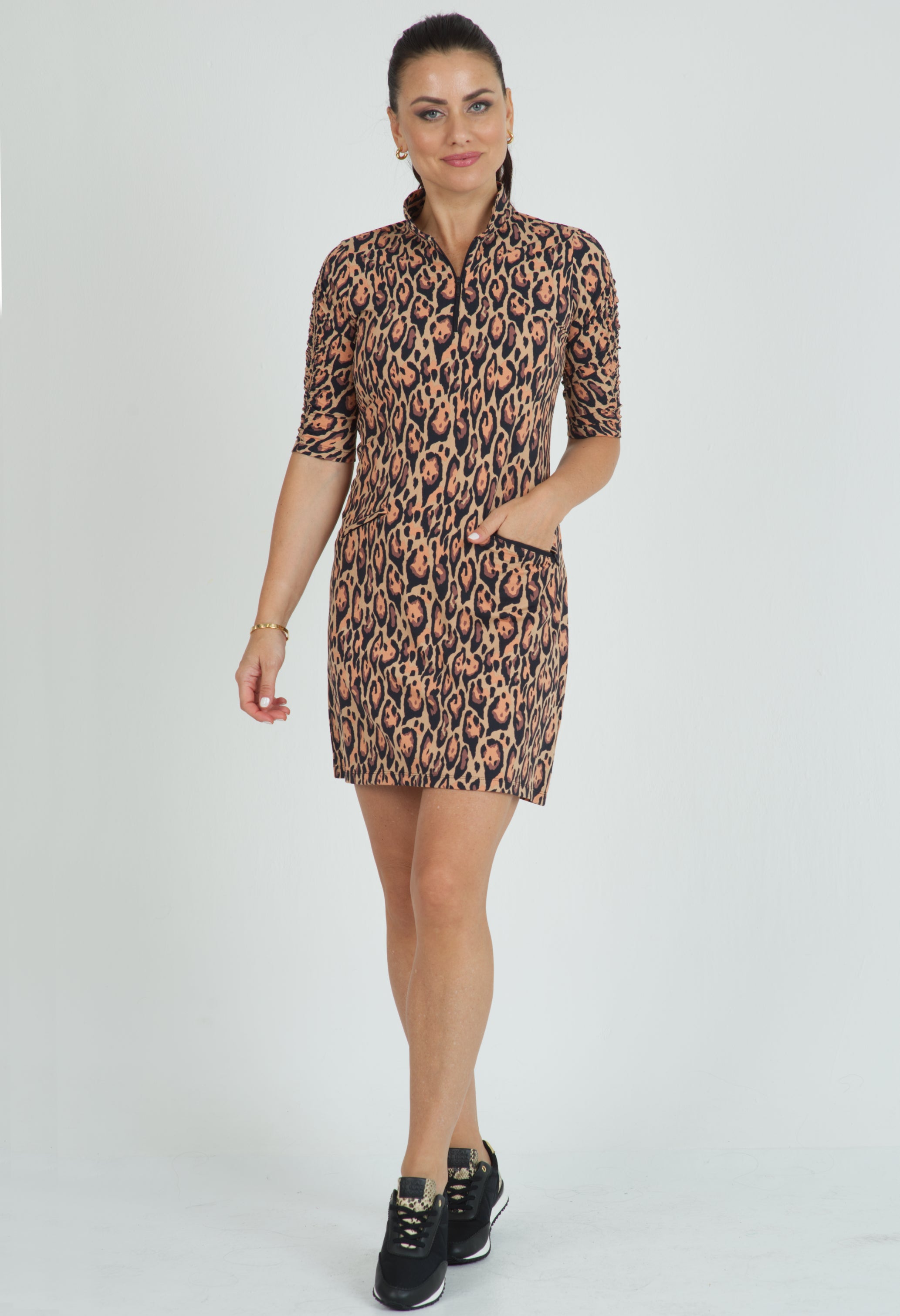 IBKÜL - Gemma Print Ruched Elbow Length Sleeve Dress – 40758 - Color: Brown/Black