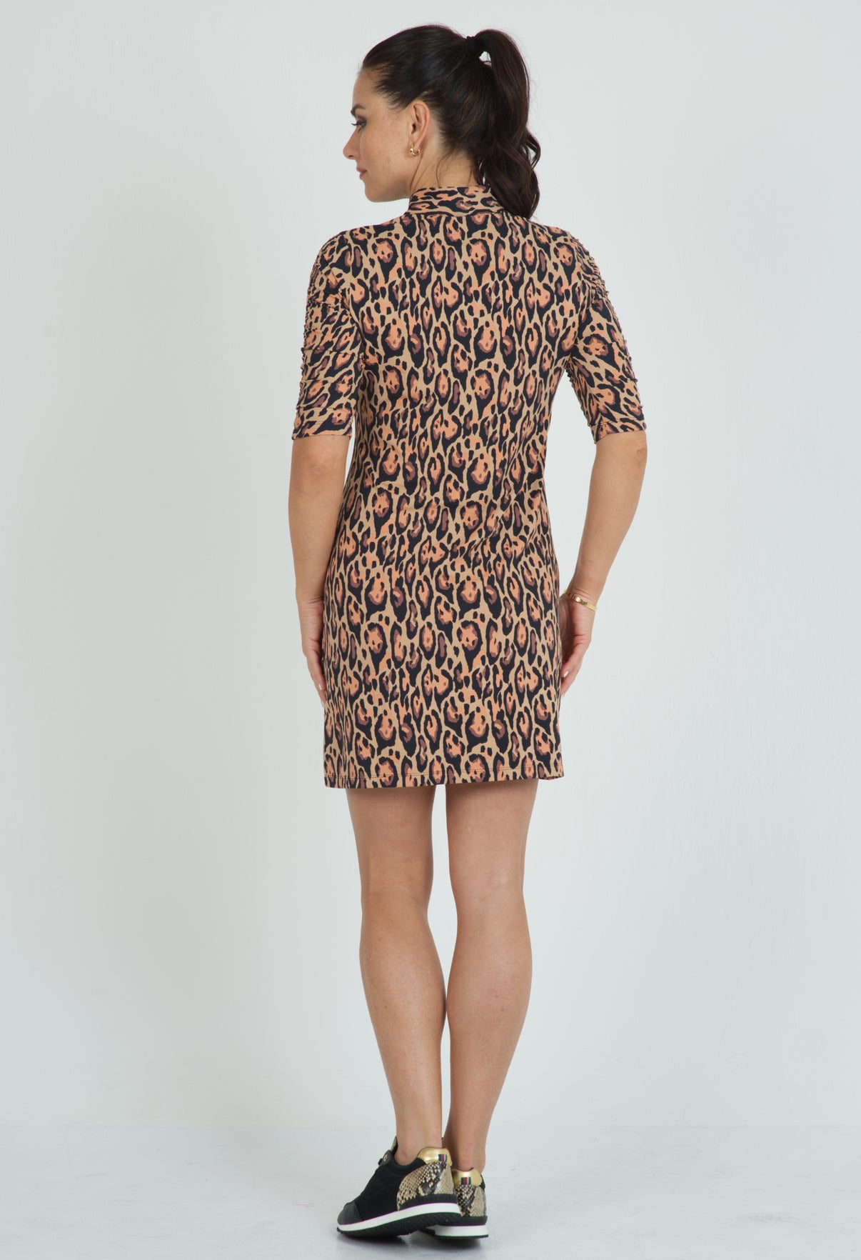 IBKÜL - Gemma Print Ruched Elbow Length Sleeve Dress – 40758 - Color: Brown/Black