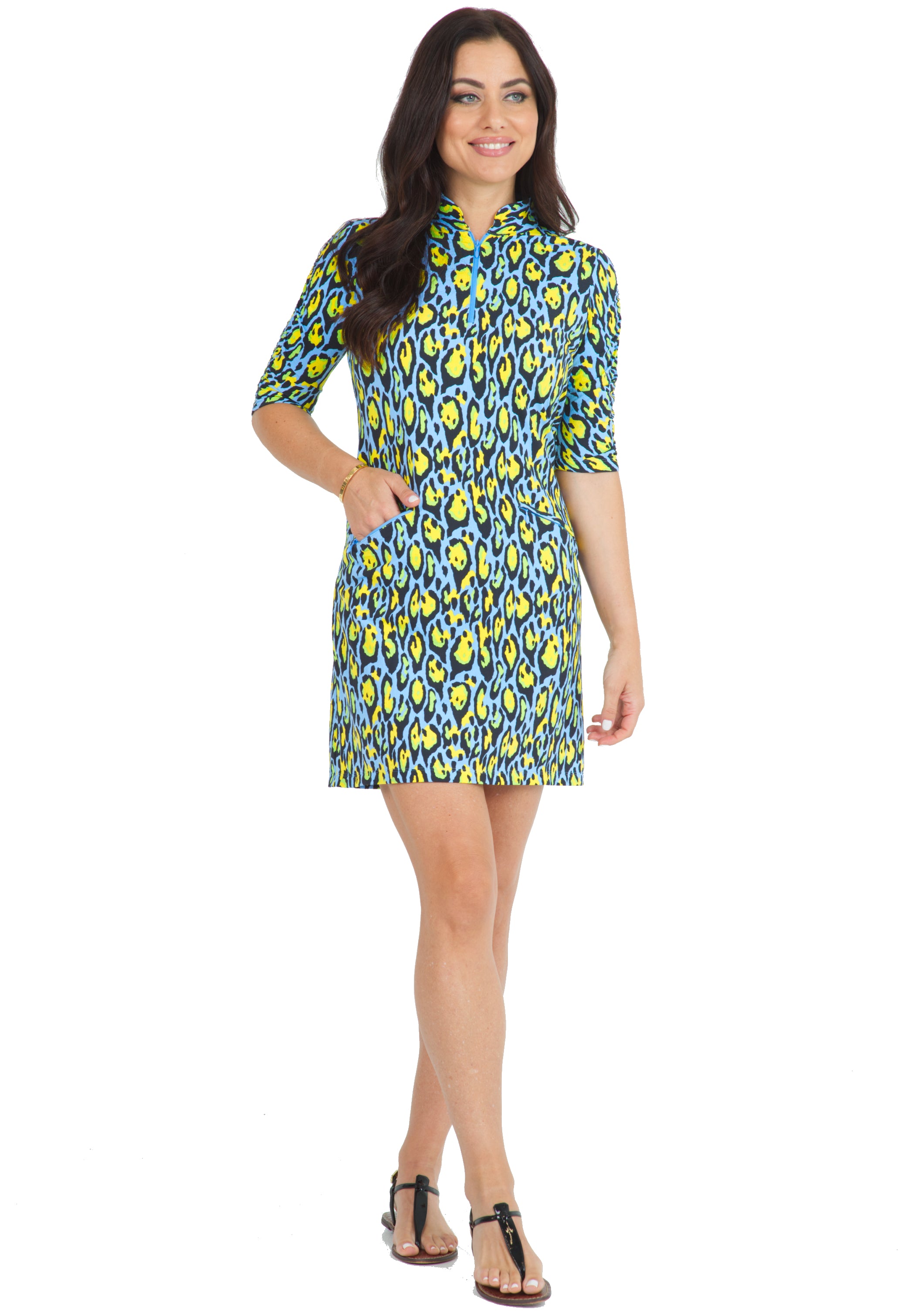 IBKÜL - Gemma Print Ruched Elbow Length Sleeve Dress – 40758 - Color: Peri Multi