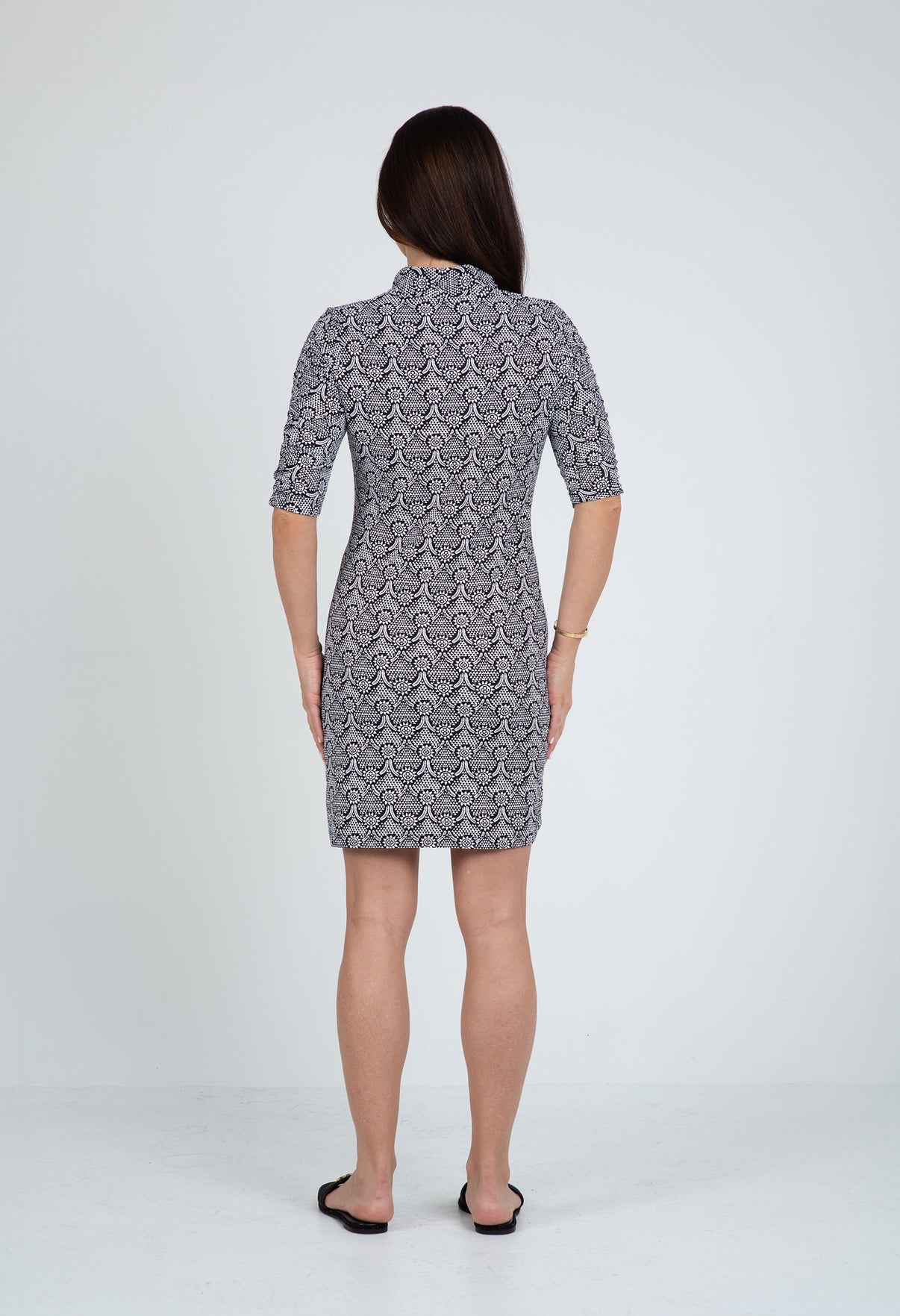 IBKÜL - Leslie Print Ruched Elbow Length Sleeve Dress – 40868 - Color: Black/White