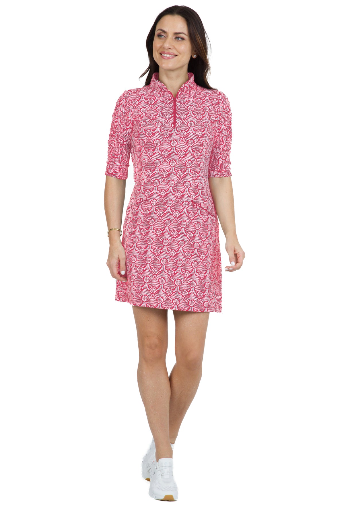 IBKÜL - Leslie Print Ruched Elbow Length Sleeve Dress – 40868 - Color: Watermelon/White
