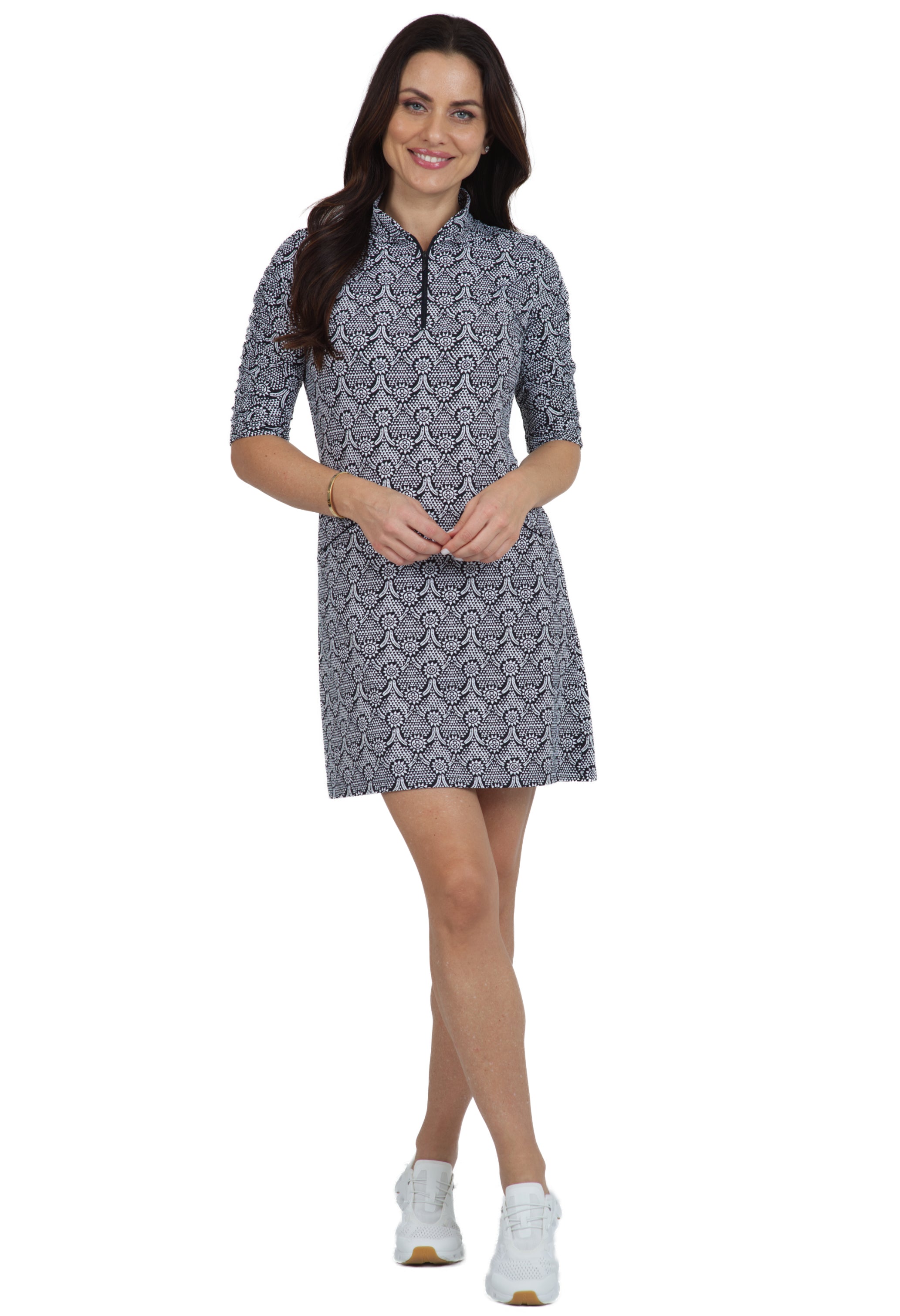 Leslie Print Ruched Elbow Length Sleeve Dress